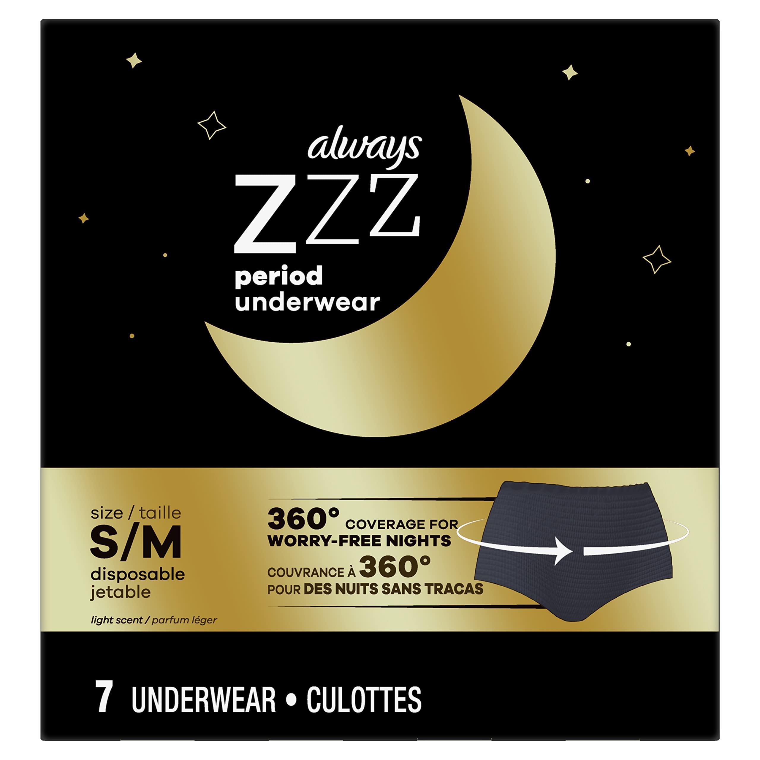 Always Always ZZZ Overnight Disposable Period Underwear for Women Size S/M, 360 degrees Coverage, 7 Count