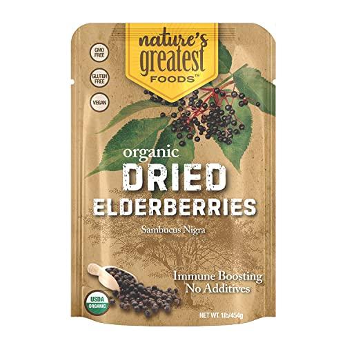 Nature's Greatest Foods Organic Dried Elderberries, 1 lb Bulk, Immune Boosting, No Additives, Non GMO, No Sugar Added, Wildcrafted, Non-irradiated, Sambucus Nigra, Product of Ukraine, Resealable Bag
