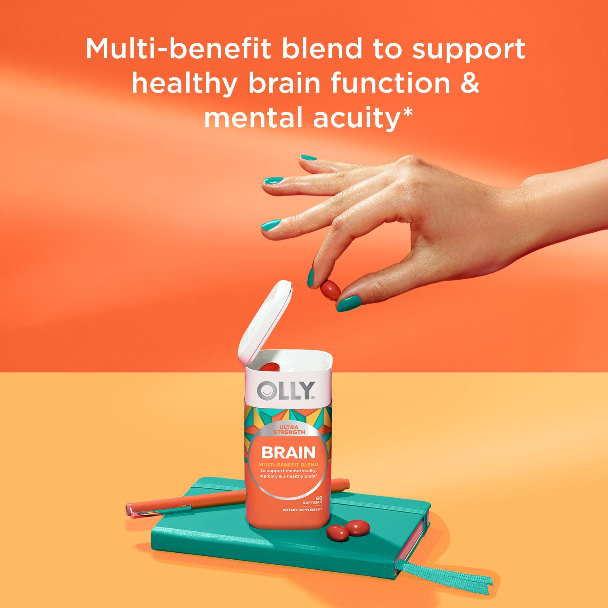 OLLY OLLY Ultra Strength Goodbye Stress Softgels, GABA, Ashwagandha, L-Theanine and Lemon Balm & Ultra Strength Brain Softgels, Nootropic, Supports Healthy Brain Function, Memory