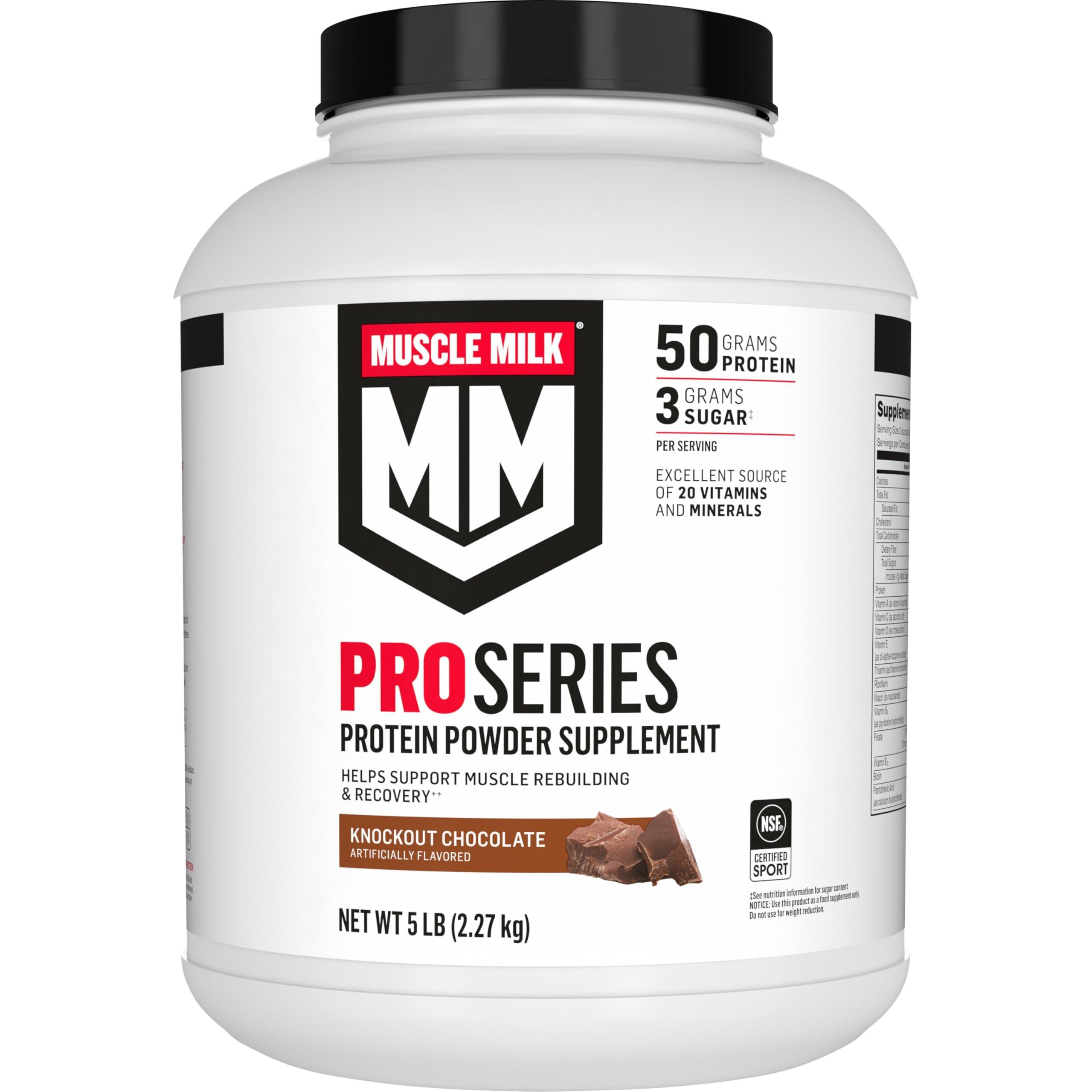 Muscle Milk Muscle Milk Pro Series Protein Powder Supplement, Knockout Chocolate, 5 Pound, 28 Servings, 50g Protein, 3g Sugar, 20 Vitamins & Minerals, NSF Certified for Sport, Workout Recovery