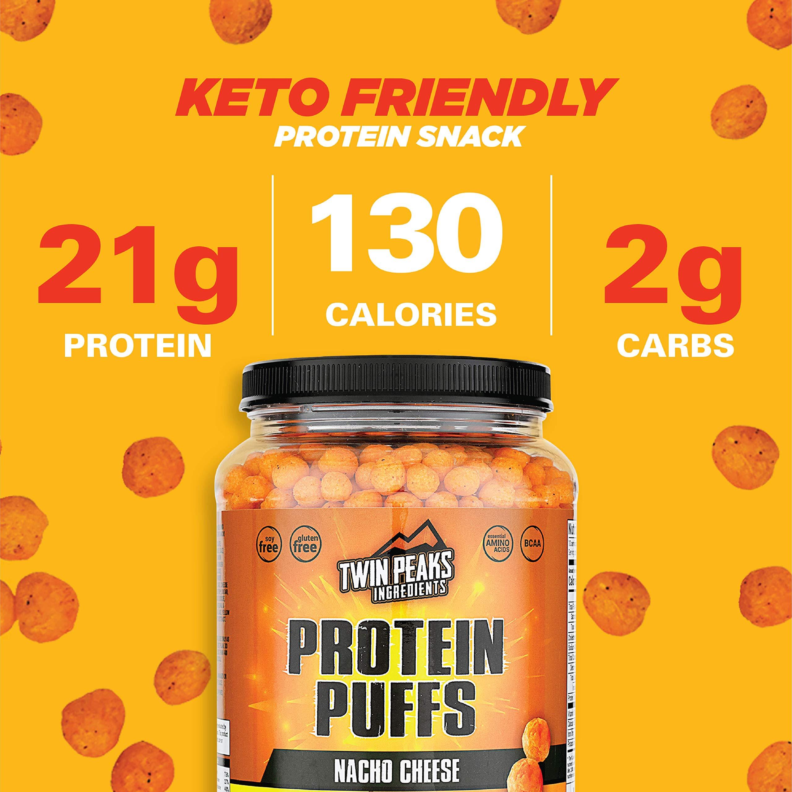 TWIN PEAKS INGREDIENTS Twin Peaks Low Carb, Keto Friendly Protein Puffs, 3 Bags of Assorted Flavor Puffs + 1 Jug Nacho Cheese Flavor Puffs
