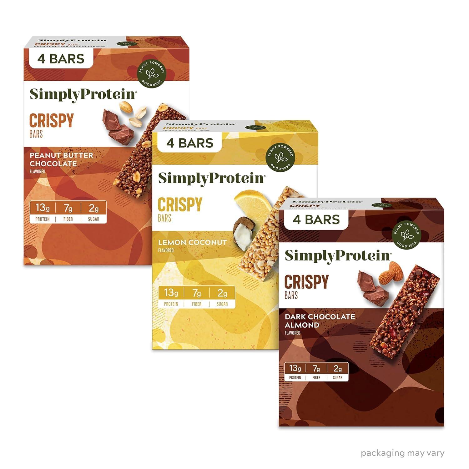 Simply Protein Simply Protein - Crispy Vegan Protein Bars Variety Pack, 3 Flavors - Plant Based, Protein Snacks - 13g Protein, 2g Sugar, 7g Fiber - Gluten Free, Non GMO, Kosher - 12 Bars, 3 Boxes