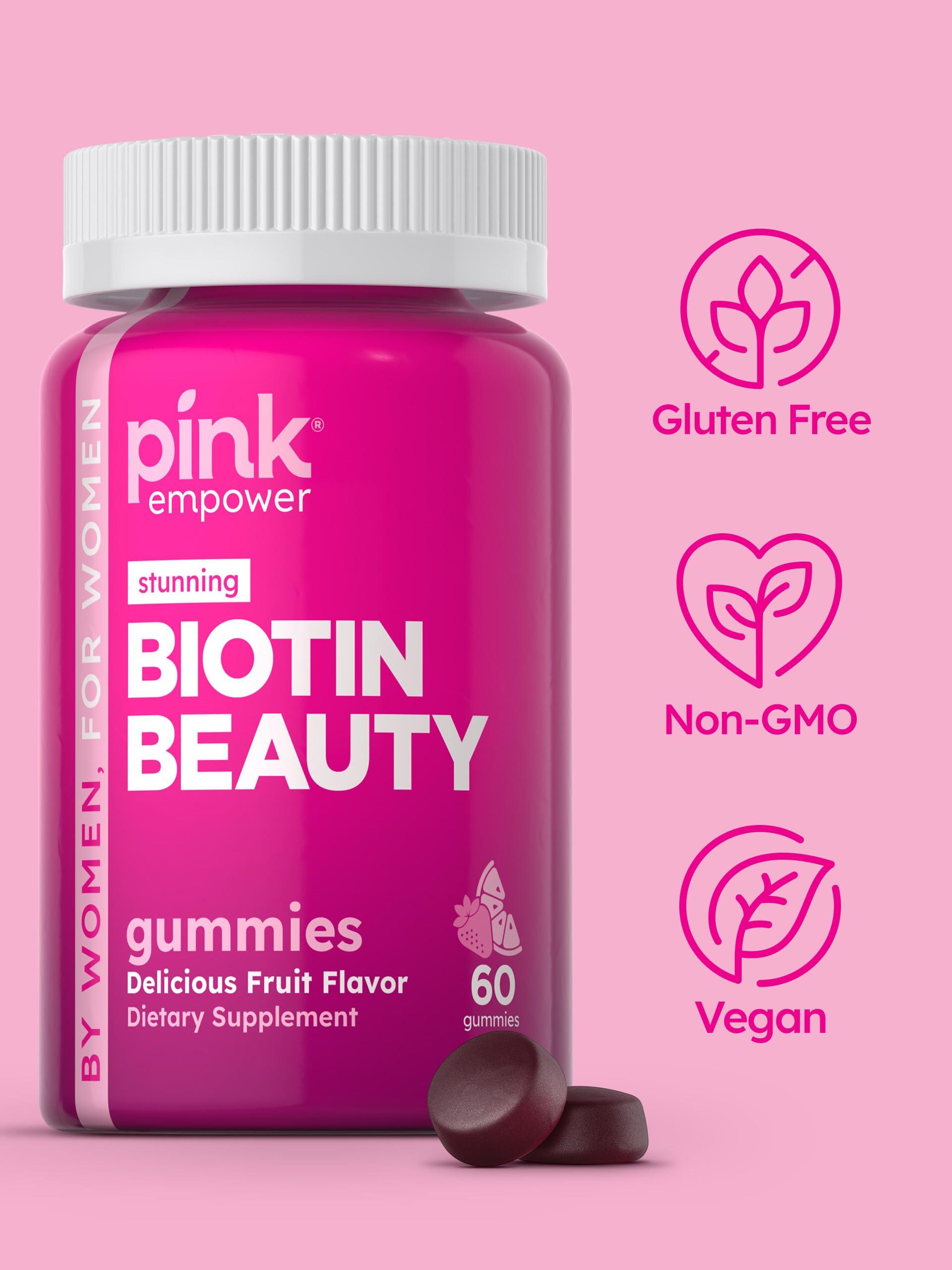 PINK PINK Biotin Gummies | 60 Count | Non-GMO & Gluten Free | Fruit Flavor Vitamin for Hair Skin and Nails