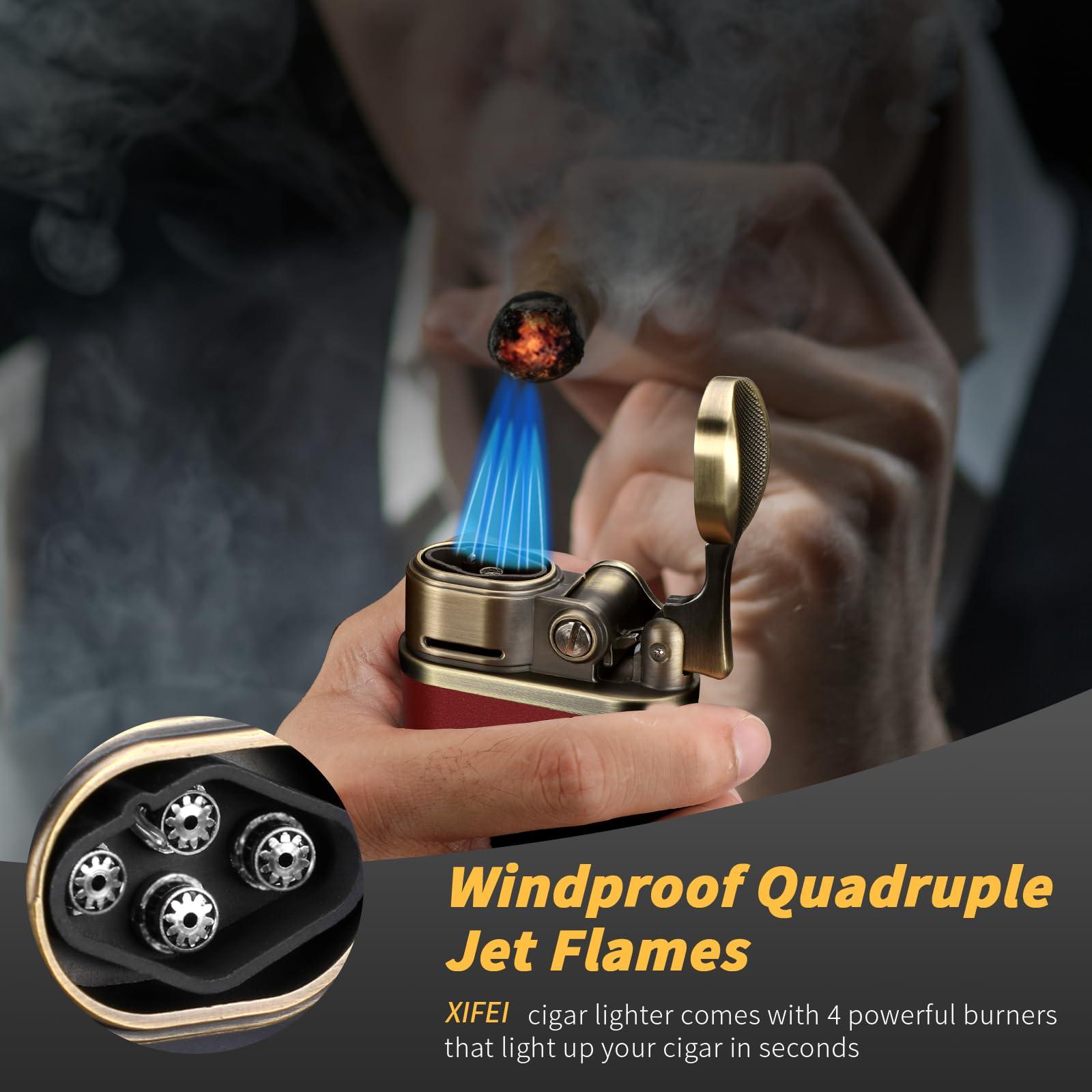 XIFEI XIFEI Cigar Torch Lighter, Refillable Desktop Butane Lighter Windproof 4 Jet Flame, Cigar Holder Cigar Accessories, Adjustable Flame Rocker Arm Lighters Gift for Men (Red)