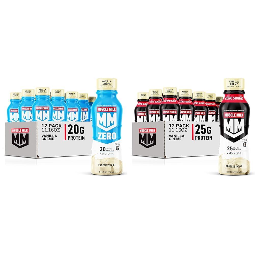 Muscle Milk Muscle Milk Zero Protein Shake, Vanilla Crme, 20g Protein, Zero Sugar, 100 Calories (Pack of 12) & Genuine Protein Shake, Vanilla Creme, 11.16 Fl Oz Bottle, 12 Pack, 25g Protein
