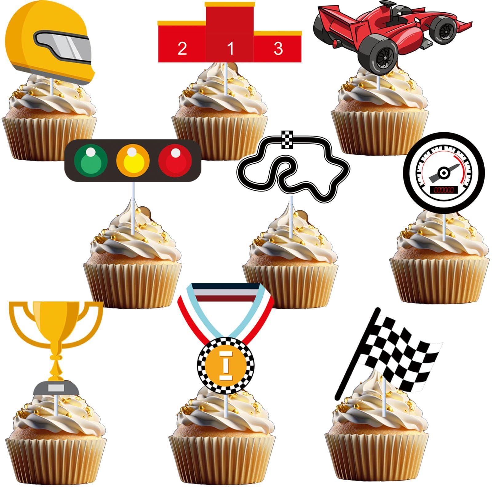HYYHXFS 36Pcs Racing Car Cupcake Toppers Racing Car Happy Birthday Cake Party Decorations Checkered Track Trophy Two Fast Fast One Cupcake Picks Kids Boy Girl Birthday Party Supplies