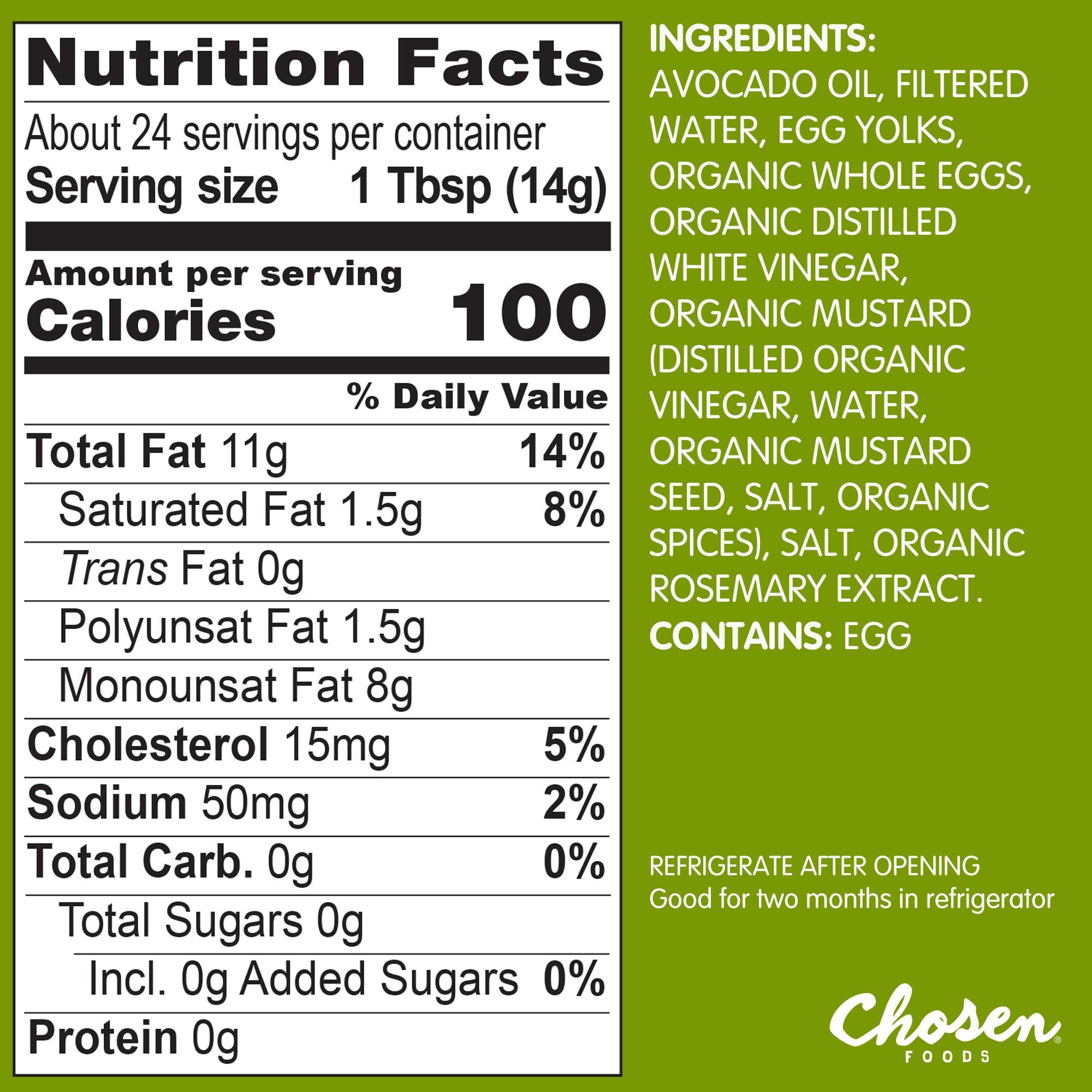 Chosen Foods Chosen Foods 100% Avocado Oil-Based Classic Mayonnaise, Gluten & Dairy Free, Low-Carb, Keto & Paleo Diet Friendly, Mayo for Sandwiches, Dressings and Sauces, Made with Cage Free Eggs (12 fl oz)