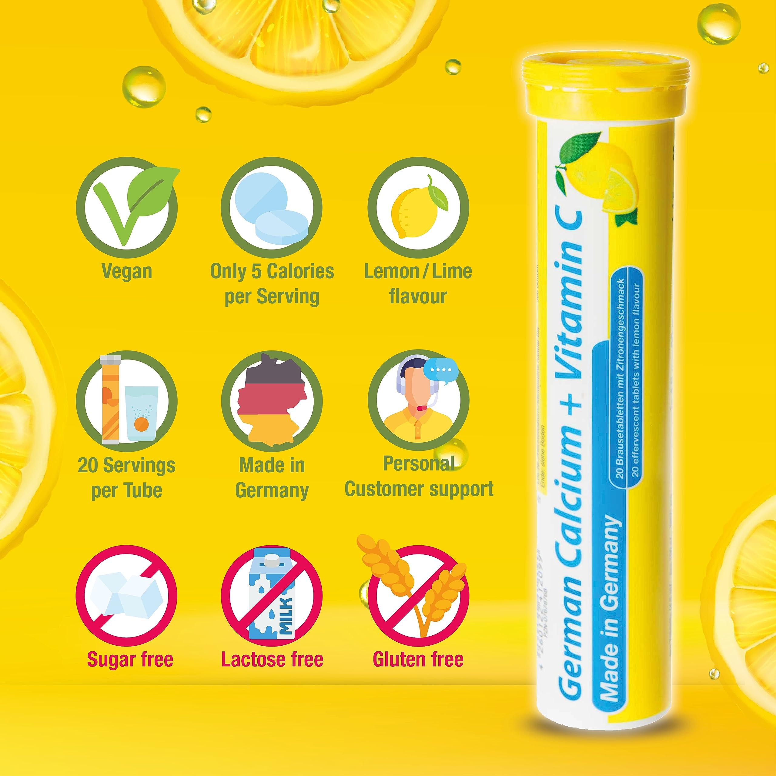 T&D German Calcium + VIT. C - 100 Vegan Drink Effervescent Tablets - Lemon Lime Flavor - Made in Germany