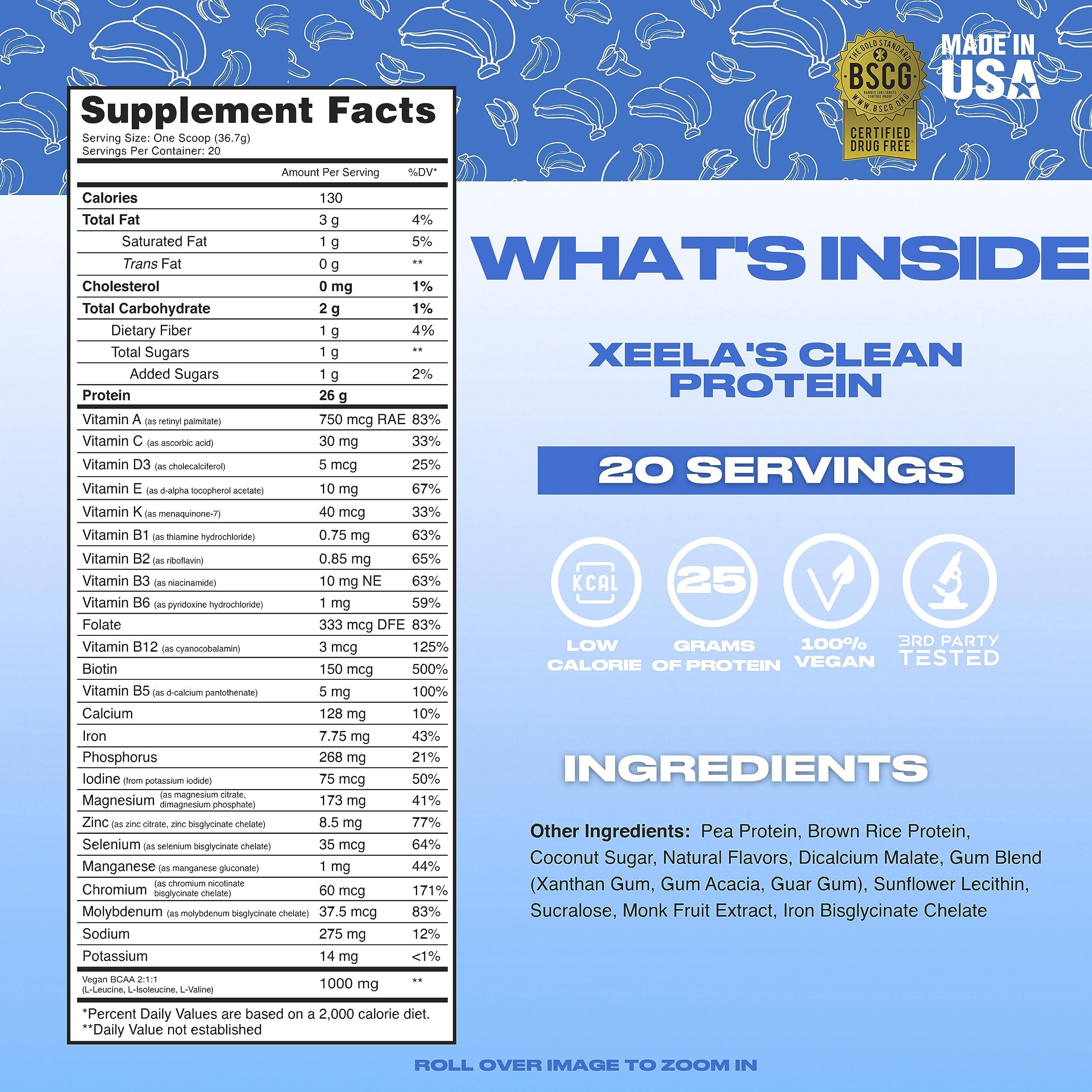 XEELA XEELA Plant Based Vegan Protein Powder - Independently Tested - 25g High Protein, Pea Protein for Men & Women - Vitamins & Minerals, Non GMO, Dairy & Gluten Free, LowCarb & LowFat (Banana Split)