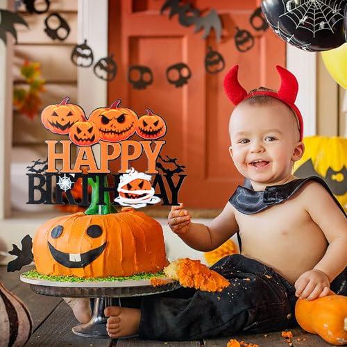 LHCING Halloween Happy Birthday Cake Topper - Halloween Birthday Pumpkins Black Glitter Cake Topper - Halloween Kids Birthday Party Friday The 13th Party Cake Derocation