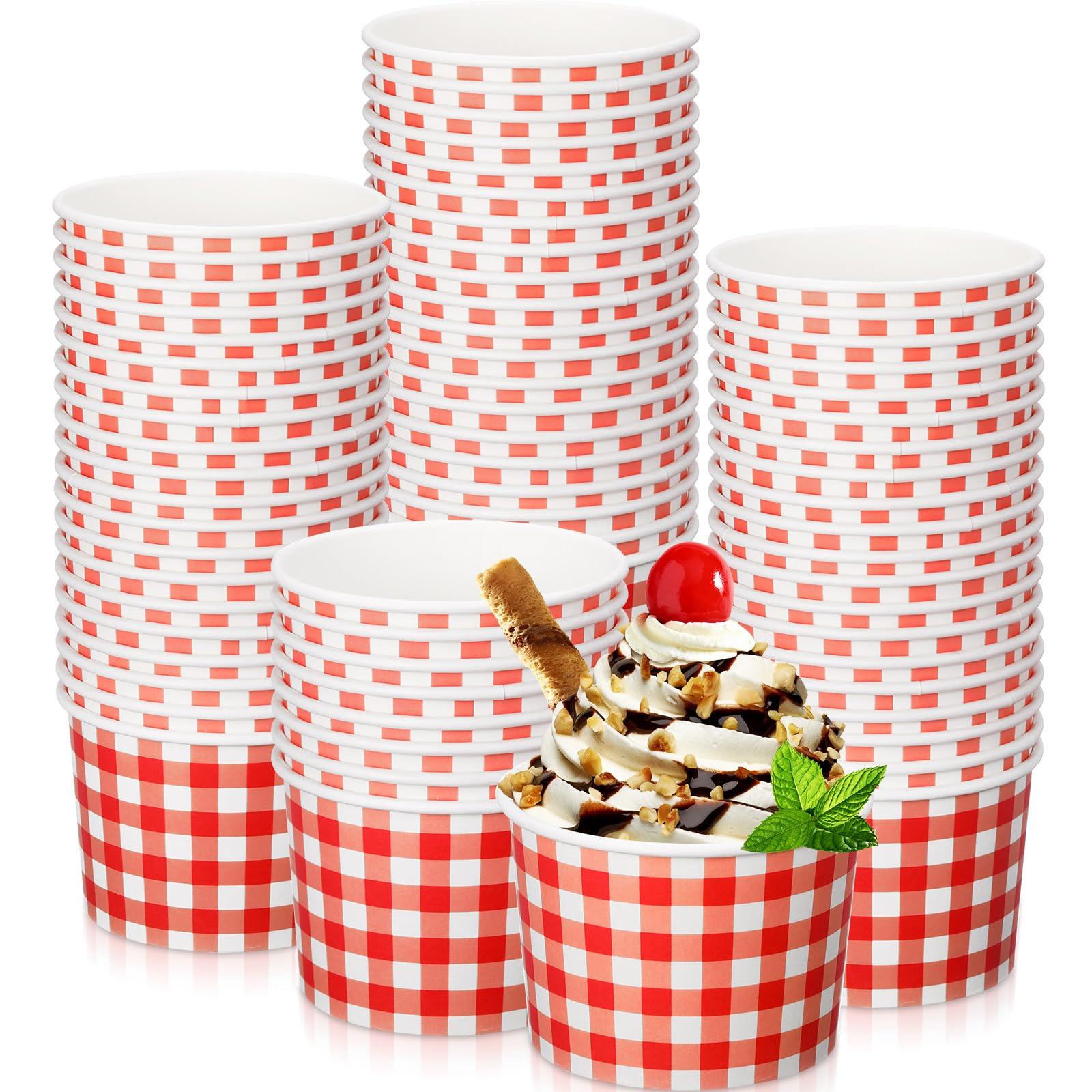 Sieral Sieral 9 Oz Ice Cream Cups Paper Bowls Disposable Gingham Cups Bulk Picnic Dessert Bowl Buffalo Plaid Snack Paper Cup Checkered Paper Party Cup for Hot or Cold Food(Red, 50 Pack)