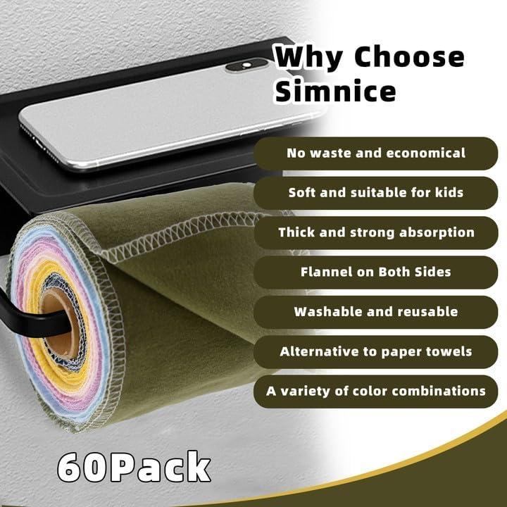 Simnice Simnice Reusable Toilet Paper Cloth 60 Pack Reusable Paperless Paper Towels, Cotton Flannel Washable Re-Rollable Cloth Toilet Paper Bidet Towels, Solid Color Absorbent Bidet Cloth Wipes