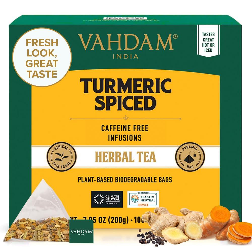 VAHDAM VAHDAM, Turmeric Spice Herbal Tea Bags (100 Pyramid Tea Bags) | Caffeine Free, Non GMO & Gluten Free | Turmeric Ginger Tisane with Cardamom, Cinnamon, Lemongrass & Black Pepper