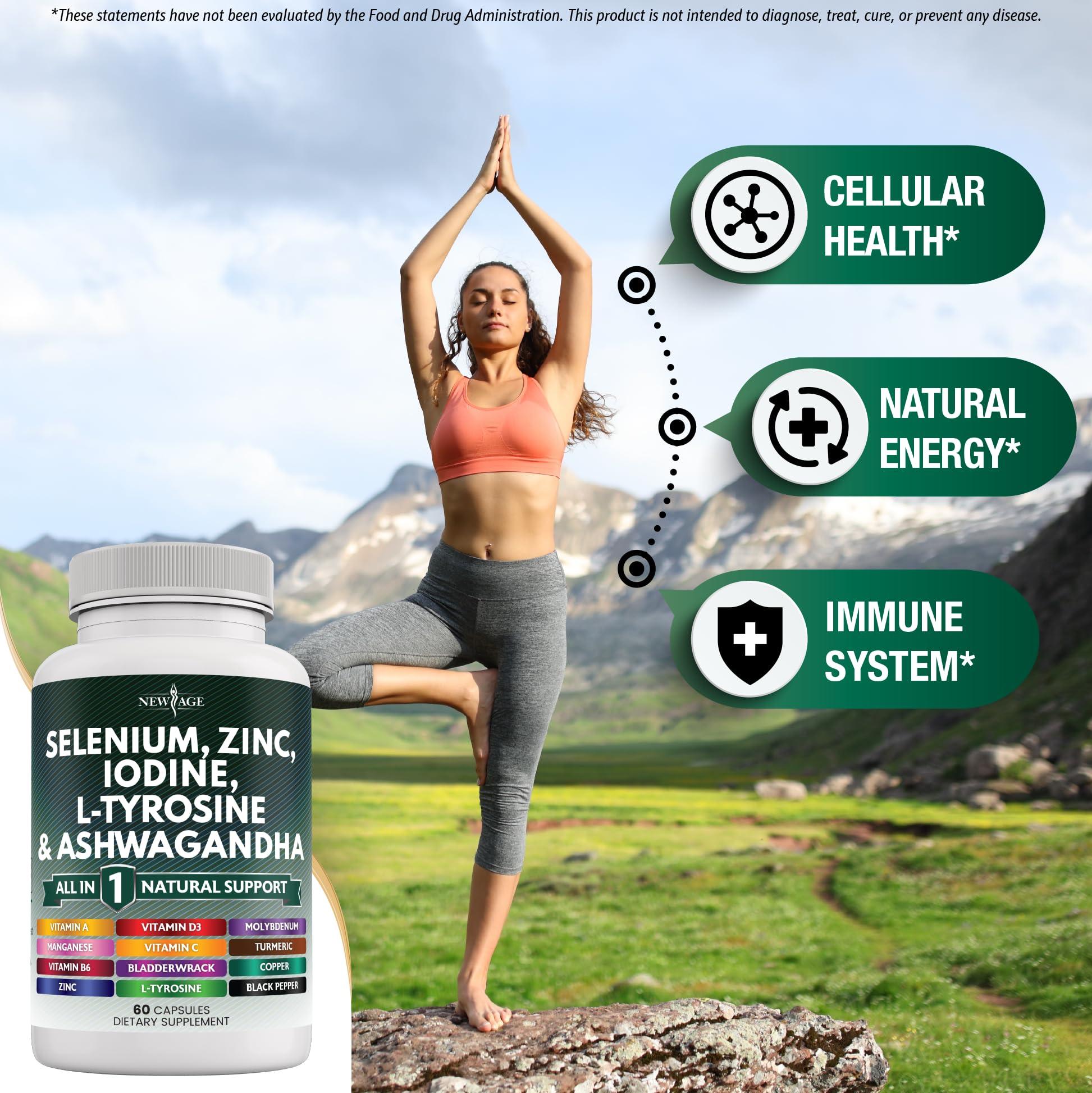 NEW AGE Selenium, Zinc, Iodine, L Tyrosine, Ashwagandha - Thyroid Support Supplement for Women and Men with Bladderwrack, Turmeric, Silica Kelp, Schisandra - 60 Count