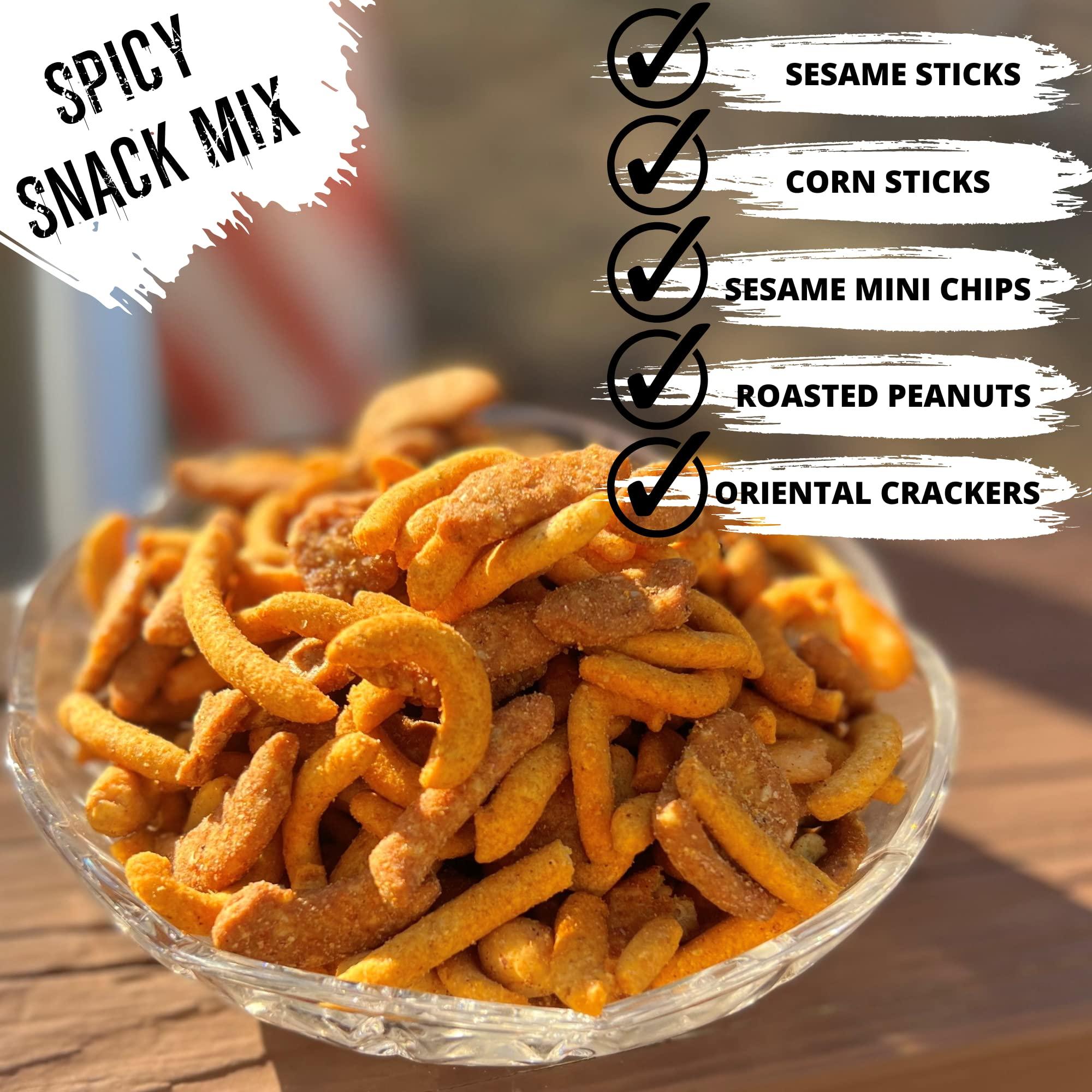 RunninWild Spicy Snack Mix | Party Mix including hot Cajun corn sticks, roasted peanuts, and cheddar cheese sesame sticks | Runnin' Wild Foods, 1.5 Pounds Total (Box of 3 bags, 8oz each)