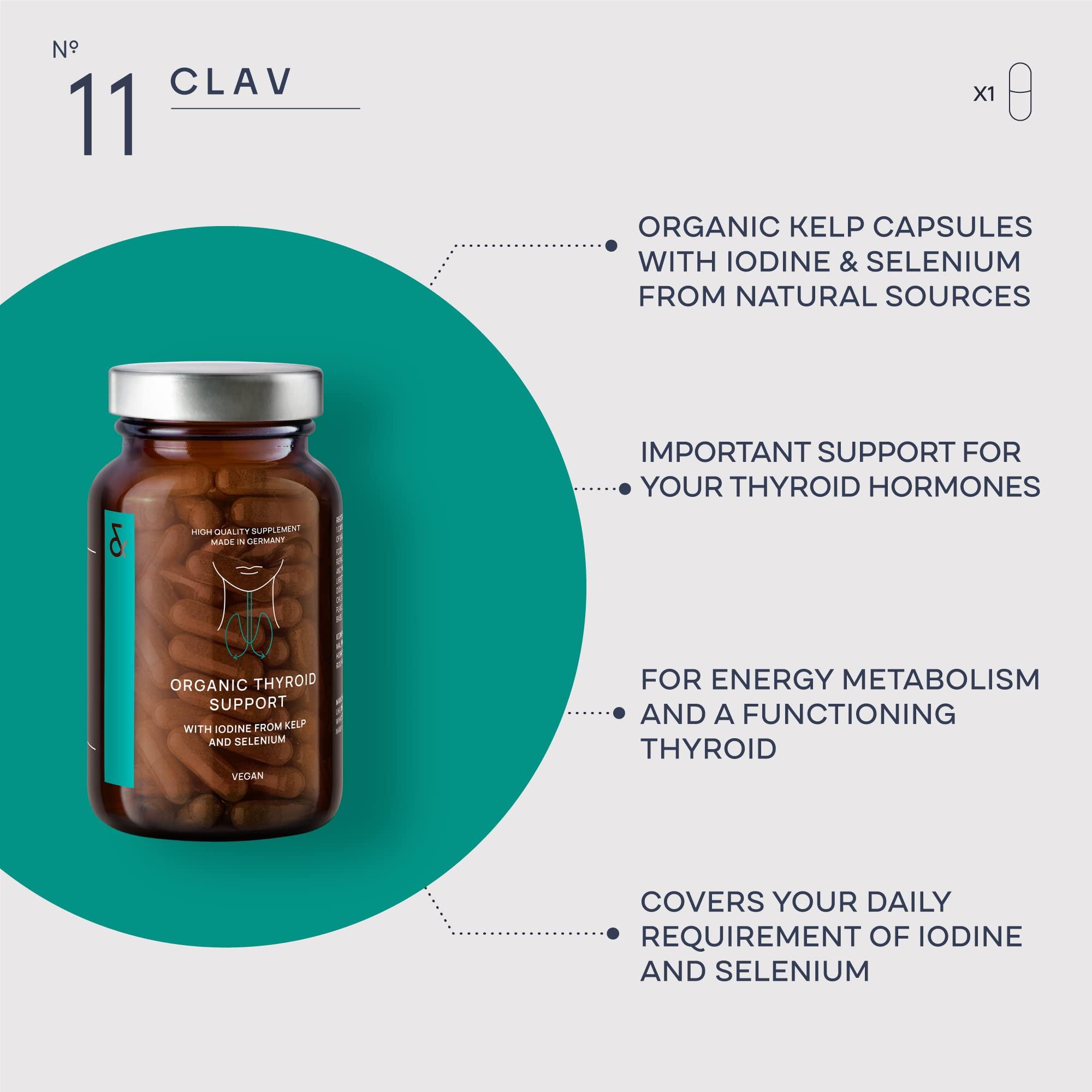 CLAV Organic Thyroid Support Supplement with Iodine from Sea Kelp Organic and Selenium from Mustard Seed Extract - 120 Capsules - Natural Thyroid Supplement for Men & Women - Vegan and Gluten Free