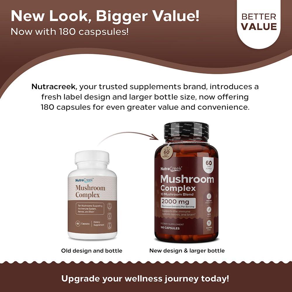 NutraCreek NutraCreek Mushroom Complex | Cordyceps Mushroom, Reishi, Shiitake, Maitake and Lions Mane Supplement. A 10-Mushroom Supplement to Support Your Mind and Body | 60 Mushroom Capsules