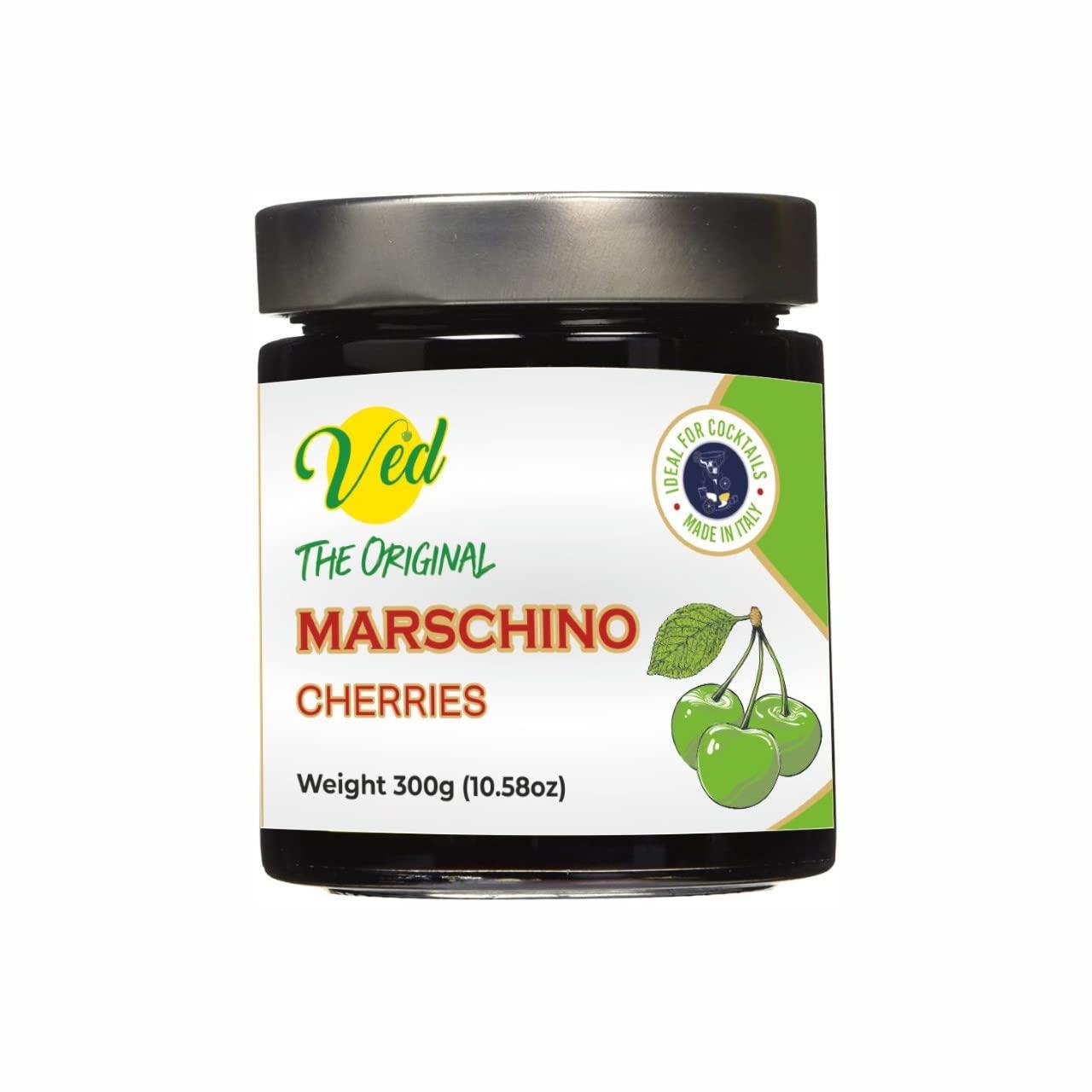 Ved Ved Gourmet Original Green Maraschino Cherries - Italian Cherry for Old-Fashioned Cocktails - Vegan Cocktail, Bourbon Cherries in Natural Syrup for Cocktail Garnish - 300g Jar