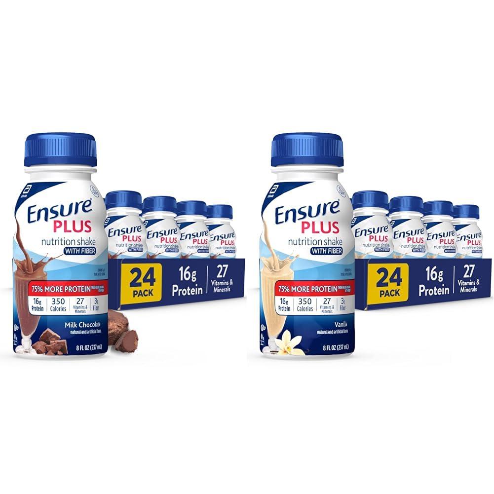 Ensure Plus Ensure Plus Nutrition Shake With Fiber, 16 Grams of Protein, Meal Replacement Liquid, Milk Chocolate, 8 Fl Oz & Liquid Nutrition Shake with Fiber, 16 Grams of Protein, Vanilla, 8 Fl Oz Bottle