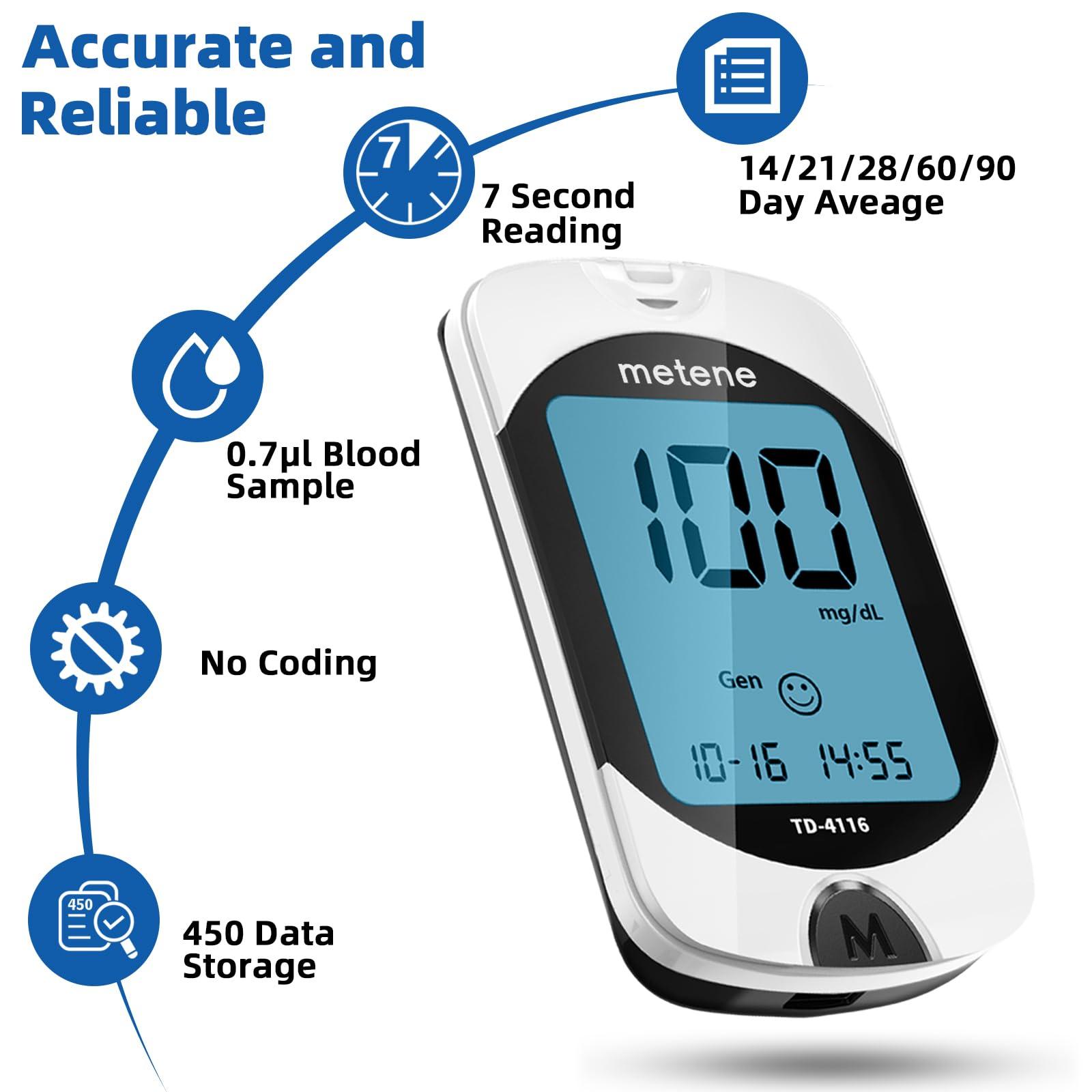 Metene Metene TD-4116 Blood Glucose Monitor Kit, 100 Glucometer Strips, 100 Lancets, 1 Blood Sugar Monitor, Blood Sugar Test Kit with Control Solution, Lancing Device, No Coding, Large Display