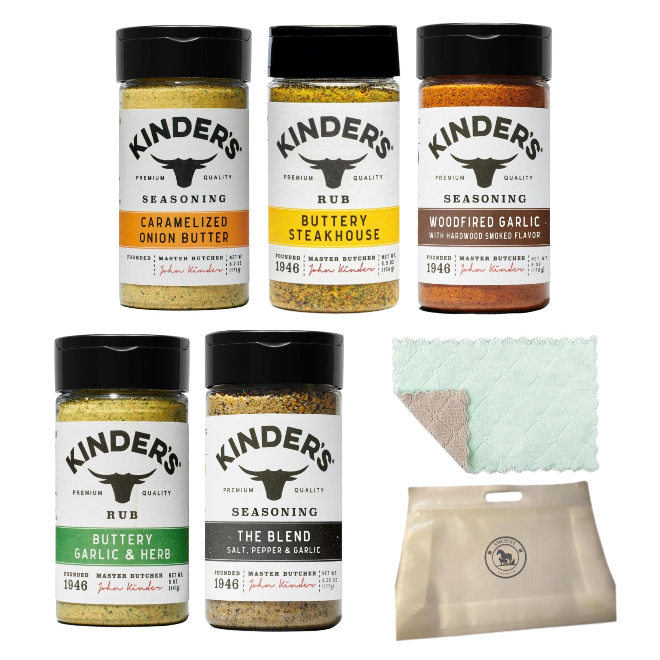AMCIENT Kinders Seasoning Variety Pack - The Blend, Woodfired Garlic, Buttery Steakhouse, Buttery Garlic And Herb, Caramelized Onion Butter Bundled With Food Pouch And Microfiber Wash Cloth By AMCIENT.