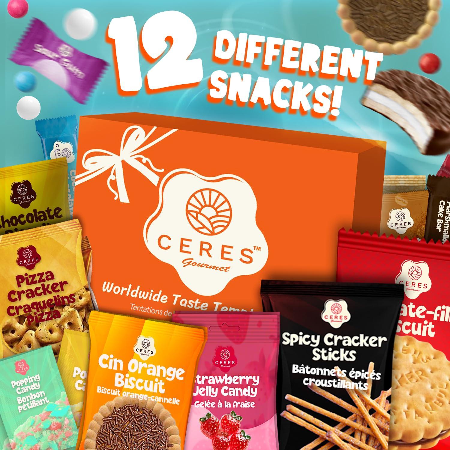 Ceres Gourmet International Snack Box Variety Pack, 12 Different Snacks with 15+ Pieces Count Premium Foreign Rare Snacks and Candies, Sweet & Sour Candy Pack for Christmas Thanksgiving or More