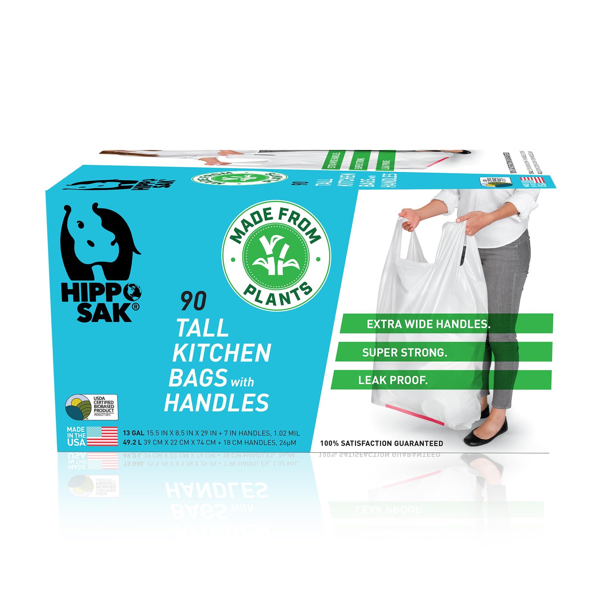 Hippo Sak Hippo Sak - Plant Based Tall Kitchen Garbage Bags with Ergonomic Handles - 13 Gallon Trash Bags - Recyclable & Eco Friendly - Super Strong and Leak Proof Tall Kitchen Trash Bags (90 Count)