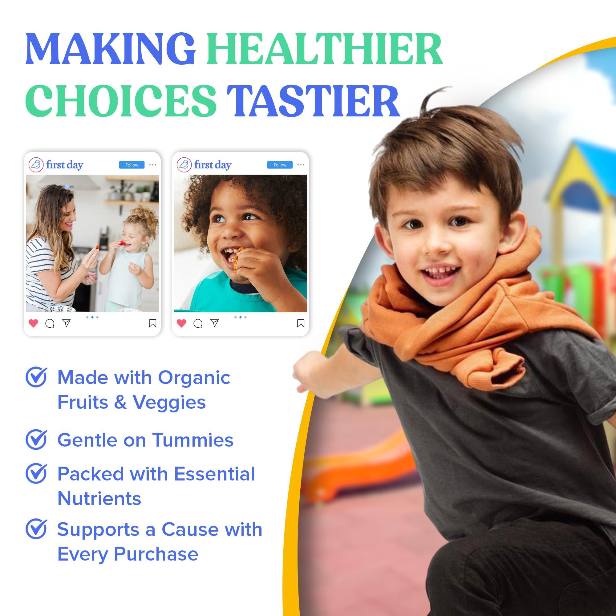 FIRST DAY FIRST DAY Kids Essential Multivitamin Gummies, Vitamin A, D3, B6, B12, C, K2 & More + Organic Fruits & Veggies for Growth, Brain, Immunity. Natural Strawberry & Orange Flavor, Low Sugar. 30-Day Supply