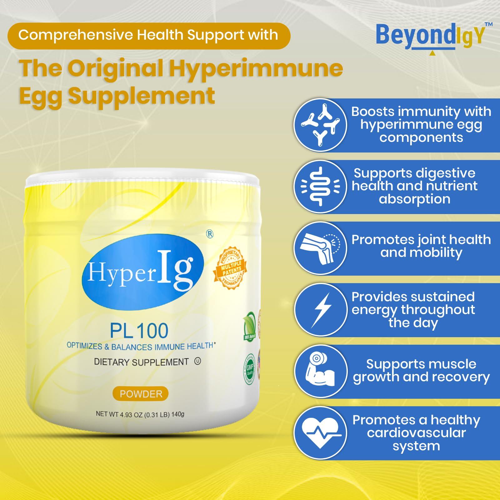HYPERIG HYPERIG PL-100 Protein Powder Original Hyperimmune Egg Supplement - Immune Boost, Digestive Support, Joint Care, Energy, and Muscle Strength in One Formula, 140 Grams (3 Canister, Egg)