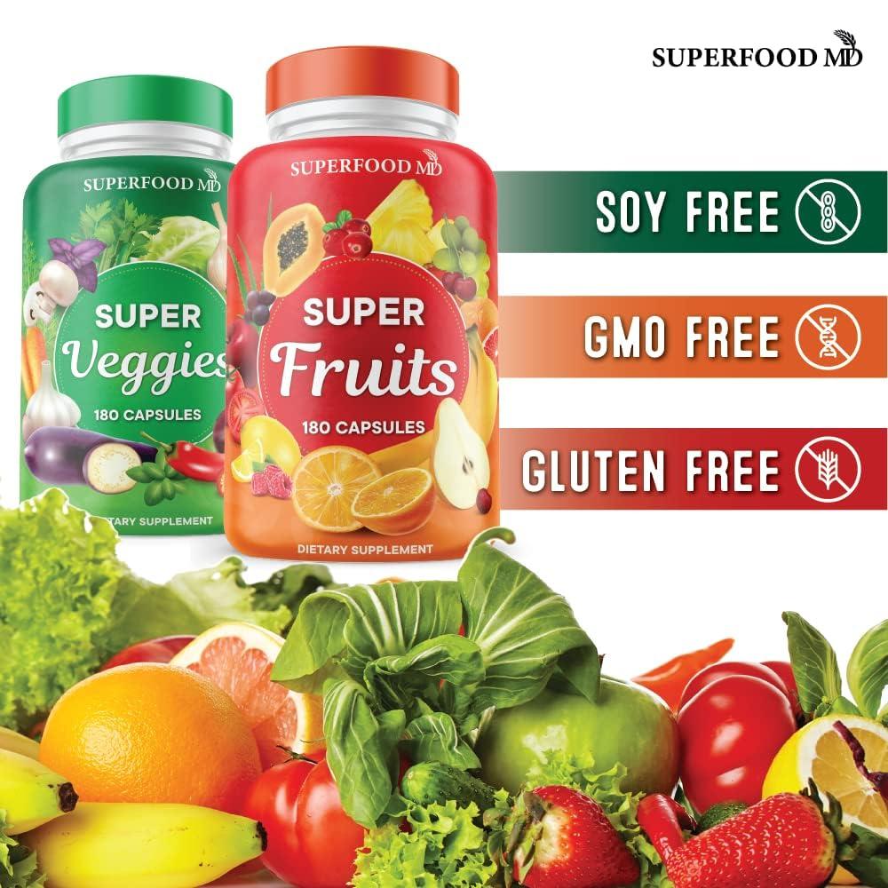 Superfood MD Superfood Fruit and Veggie Supplement - 360 Whole Super Fruit and Vegetable Supplements & Vitamin, Natural Energy Levels, with Olive Leaf Soy Free- 180 Count (Pack of 2)