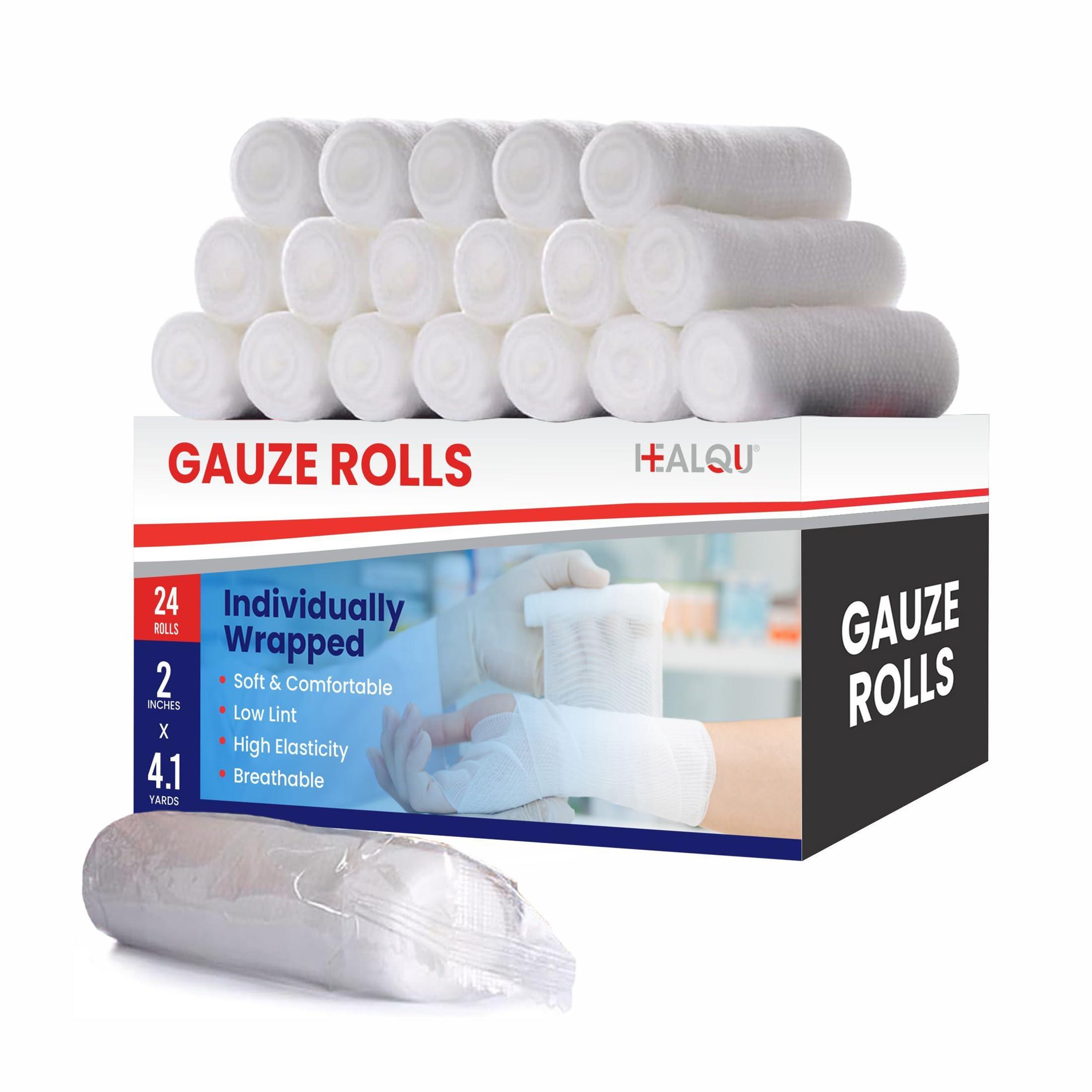 Healqu HEALQU Premium Gauze Rolls - 2 x 4.1 Yards - 24 Rolls, Individually Wrapped Conforming Stretch Gauze Bandage - Super Soft Woven Stretch Gauze Bandages for Primary Wound Dressing Support