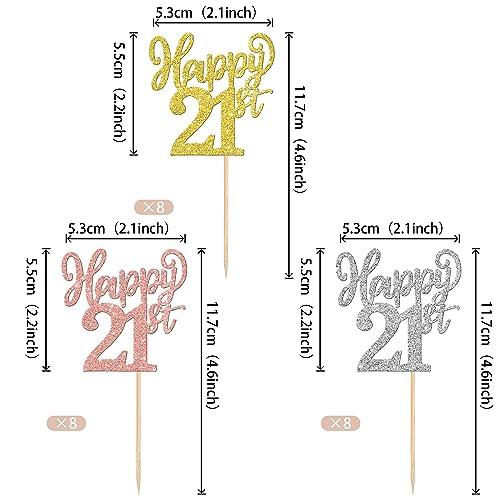 ZHUOWEISM 24PCS Happy 21st Cupcake Toppers Gold Rose Gold Silver Glitter Twenty One Cheers to 21 Years Number 21 Birthday Cupcake Picks for Happy 21st Birthday Wedding Anniversary Party Cake Decorations