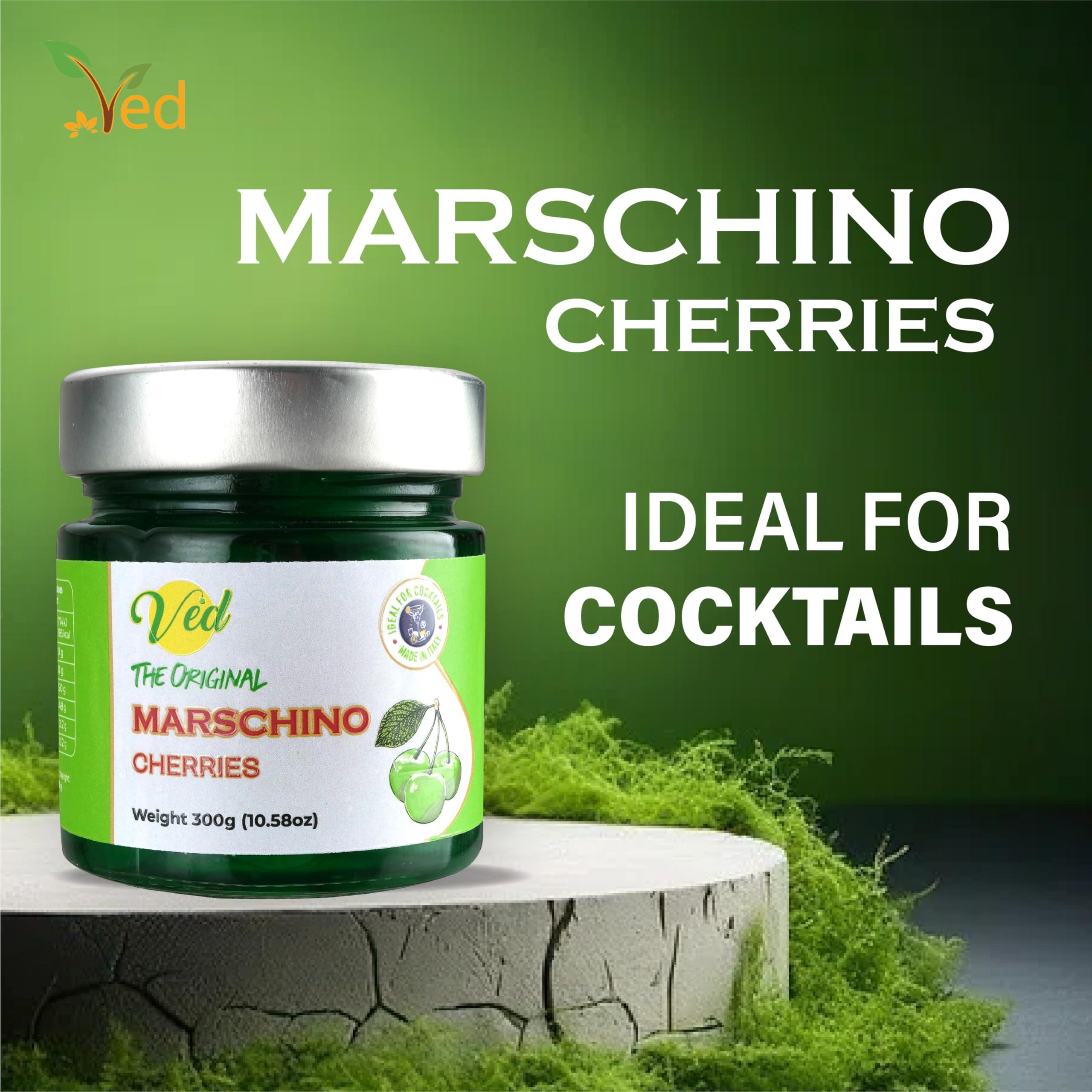 Ved Ved Gourmet Original Green Maraschino Cherries - Italian Cherry for Old-Fashioned Cocktails - Vegan Cocktail, Bourbon Cherries in Natural Syrup for Cocktail Garnish - 300g Jar