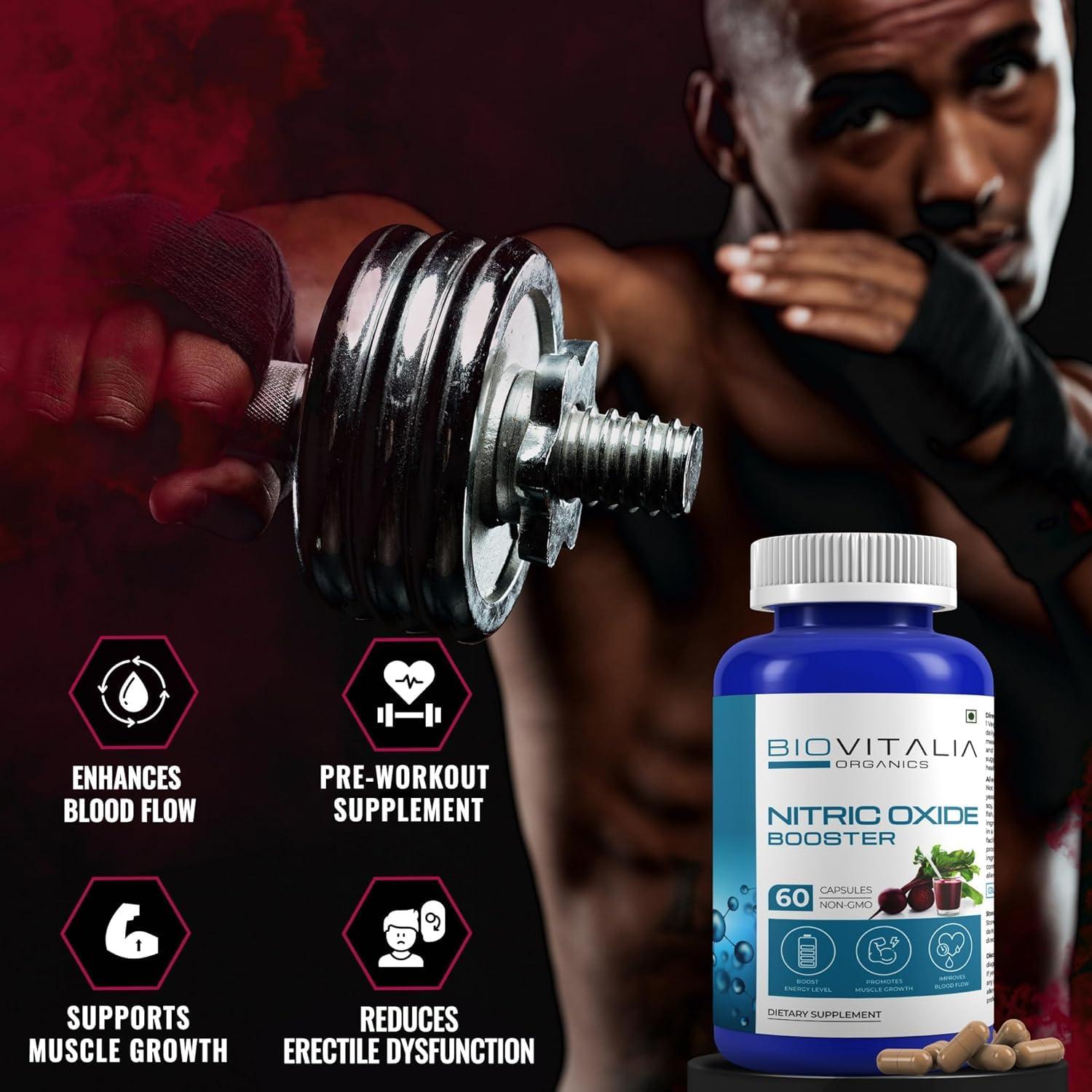 BIOVITALIA ORGANICS Biovitalia Nitric Oxide Booster Capsule L-Arginine Capsule Beetroot Supplement for Men & Women | Promote Blood Flow & Pre Workout Muscle Pump for Bodybuilding - 60 Vegan Capsules