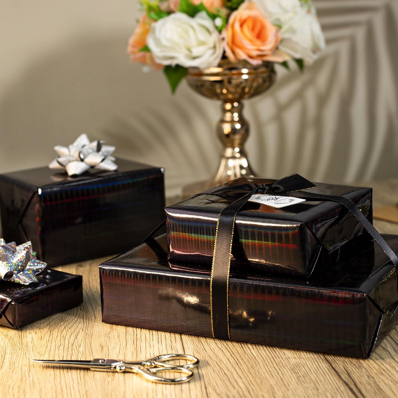 Burymento Burymento Black Wrapping Paper Roll, Metallic Holographic Stripe Gift Wrap for Birthday, Valentines, Mothers day, Graduation, Wedding, Fathers day, Baby Shower, Christmas (17 IN x 32.8 FT)