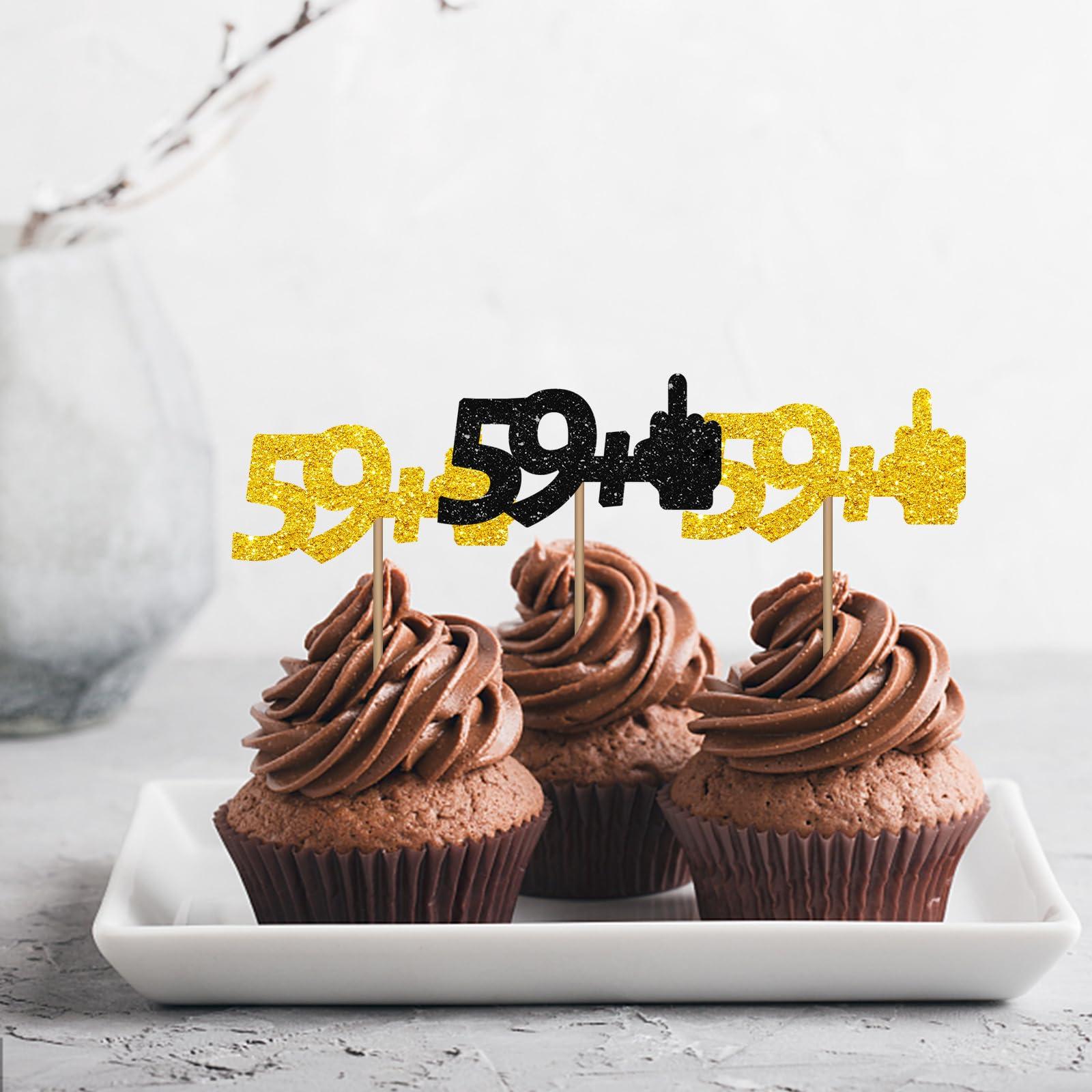 MINUET MINUTE 59+1 Cupcake Toppers, Middle Finger Happy 60th Birthday Cupcake Toppers, Happy 60th Anniversary Dessert Picks,Funny Cheers To 60 Years Old Birthday Party Decoration - Black & Gold Glitter
