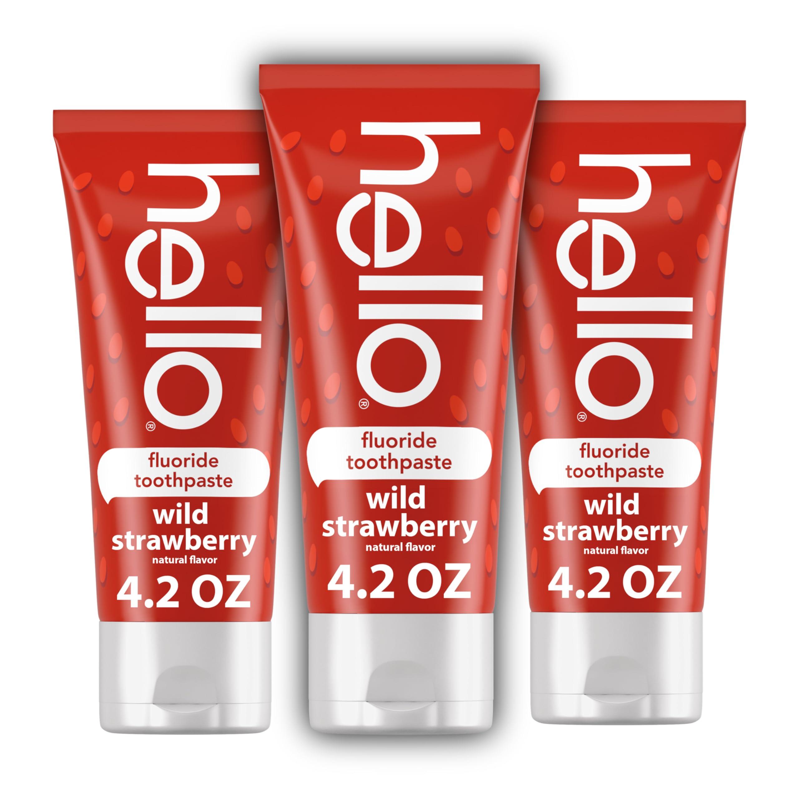 hello hello Wild Strawberry Kids Toothpaste with Fluoride, Strawberry Toothpaste for Kids, Safe for Ages 2 and Up, Helps Prevent Cavities, Strengthen Enamel, and Polishes Teeth, ADA Approved, 3 Pack, 4.2 Oz
