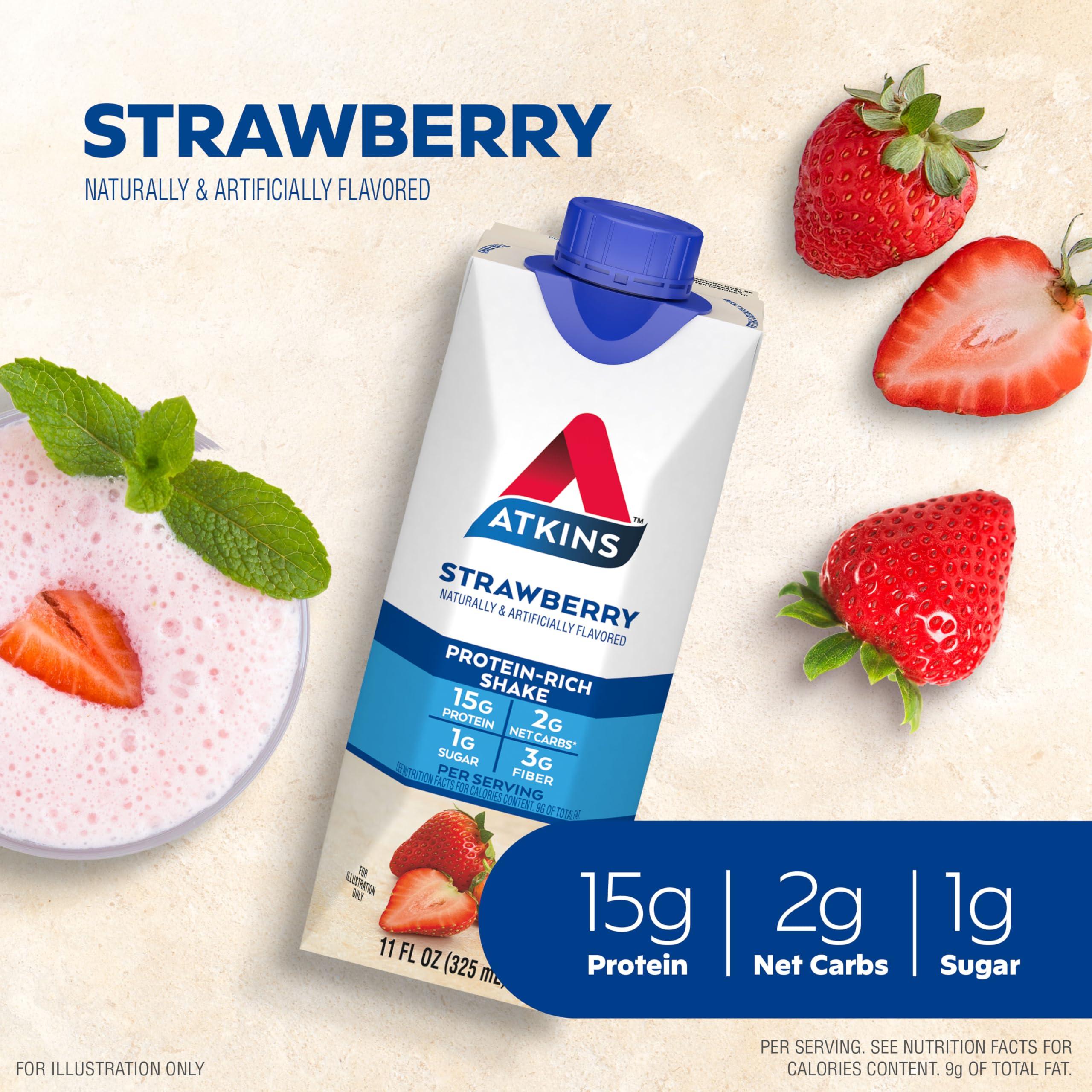 Atkins Atkins Strawberry Protein Shake, 15g Protein, Low Glycemic, 2g Net Carb, 1g Sugar, 12ct & Milk Chocolate Delight Protein Shake, 15g Protein, Low Glycemic, 2g Net Carb, 1g Sugar