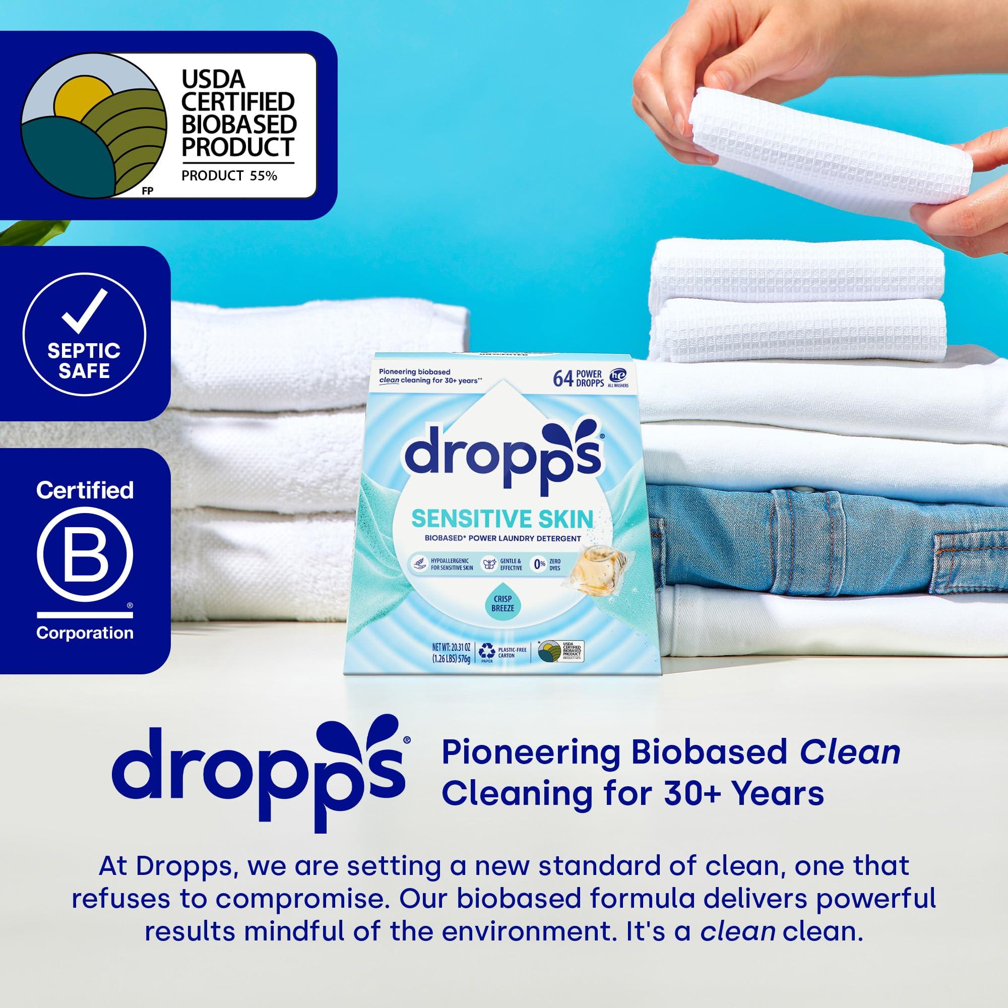 dropps Dropps Sensitive Skin Laundry Detergent Pods, Crisp Breeze (64 Tablets) - Dermatologist Tested Laundry Pods - HE Compatible Laundry Supplies for Clean Clothes, Vegan & Dye-Free