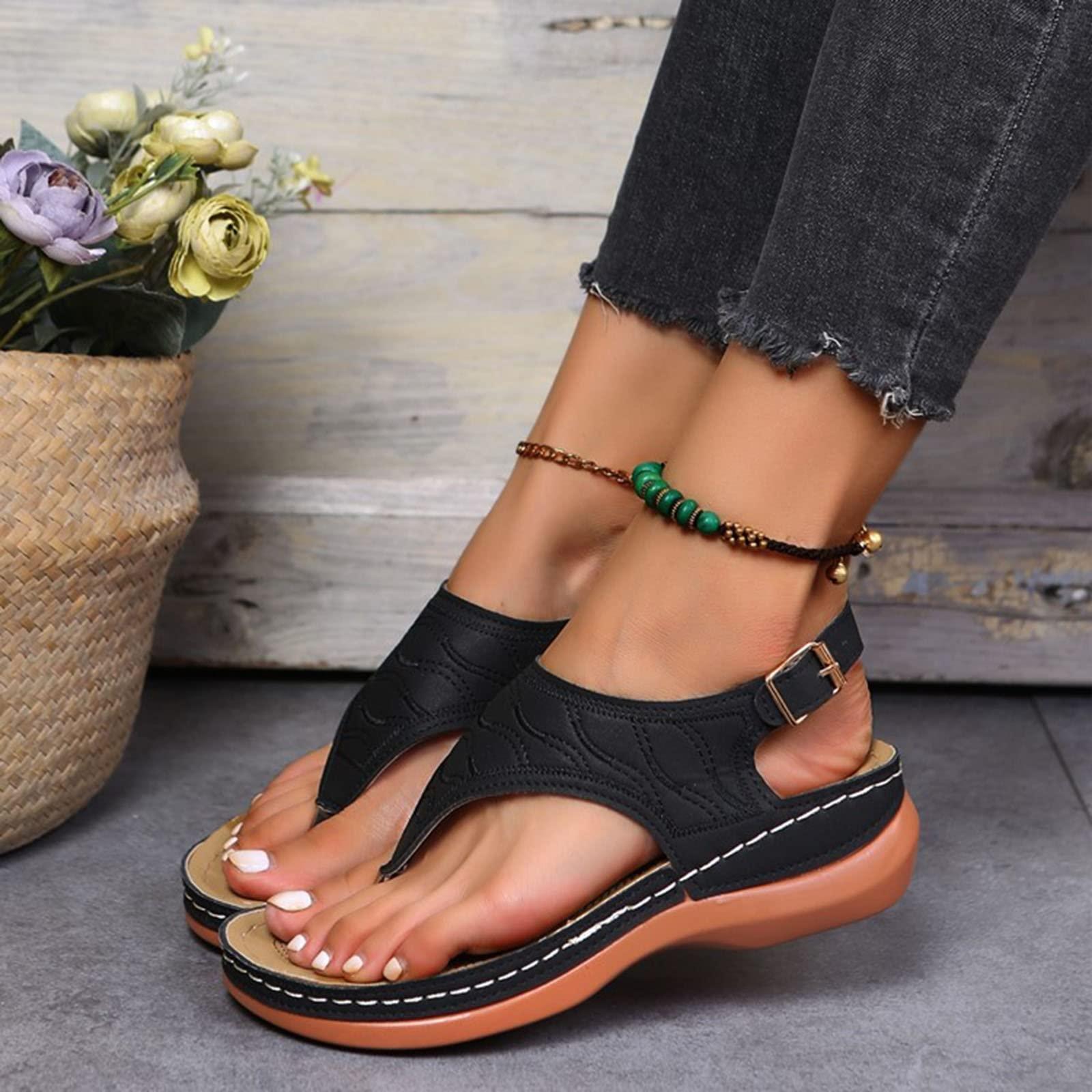 SZTEE Orthopedic Wedge Sandals for Women Plantar Fasciitis Sandals for Flat Feet Soft Footbed Arch-Support Sandals (Color : Black, Size : 6 US)