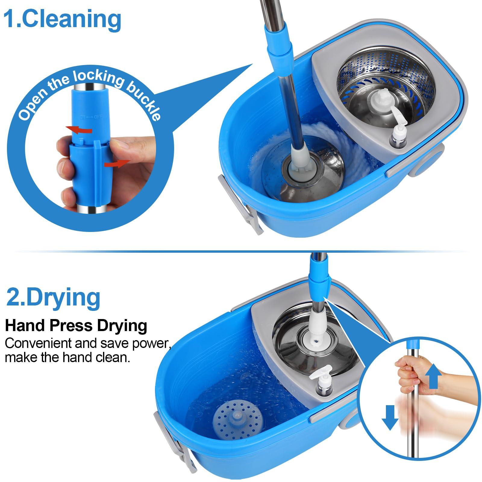 CooFel Spin Mop and Bucket with Wringer Set on Wheels, 360 Spinning Mop Bucket System with 3 Microfiber Mop Replacement Heads and 61\" Stainless Steel Adjustable Handle for Floor Cleaning (25QT)