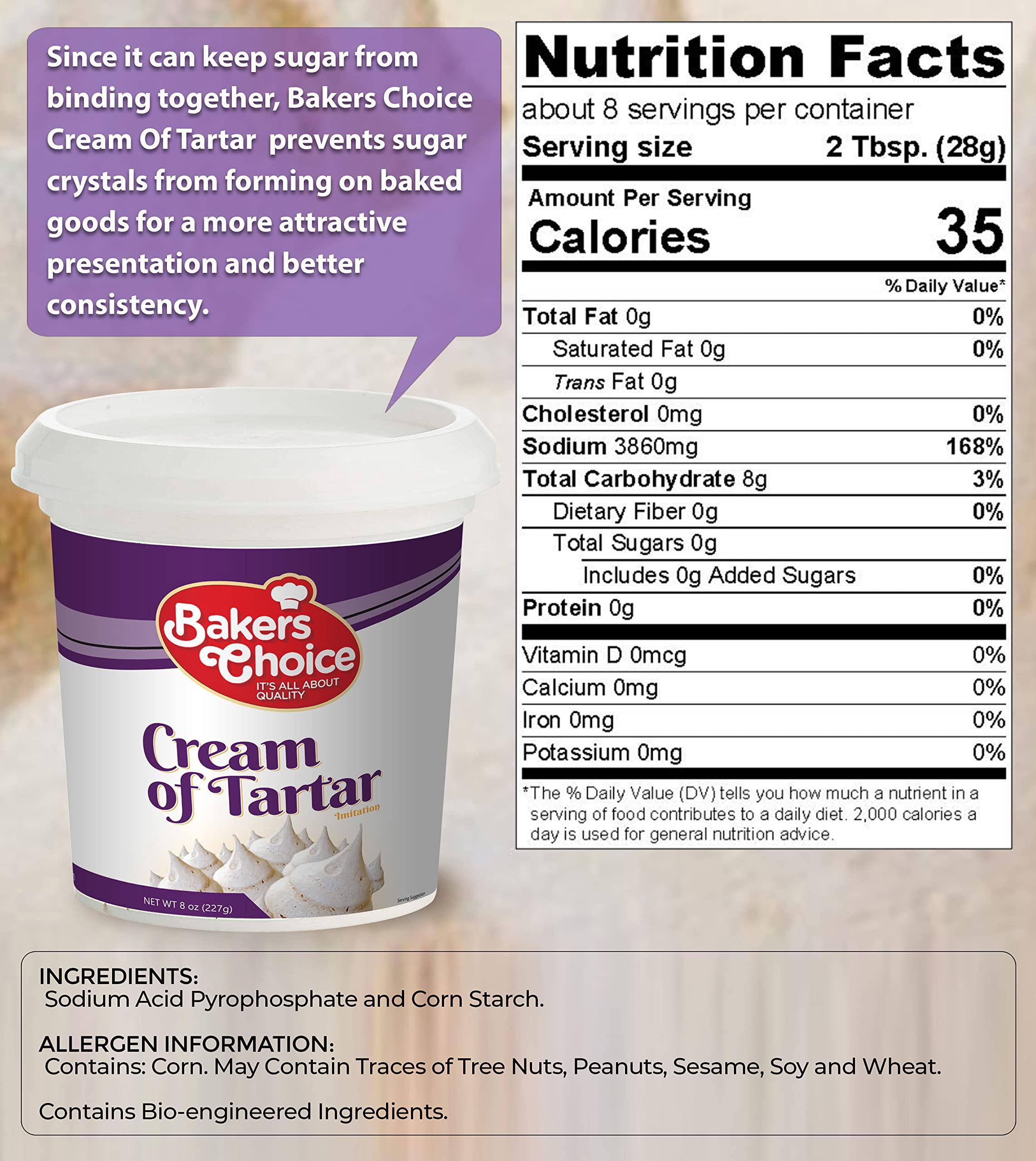 Baker\'s Choice Premium Cream of Tartar for Baking and Cooking Ingredient - Cream of Tarter Powder - Prevents Sugar From Binding and Crystalizing - 8 oz. - Non Dairy, Kosher - By Bakers Choice