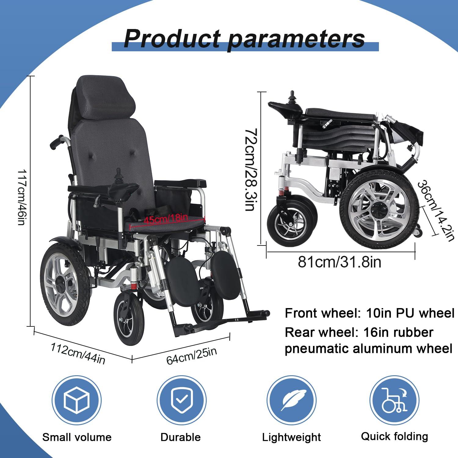 Lenyedr Lenyedr Reclining Electric Wheelchair for Adults,Heavy Duty Electric Wheelchair,Portable Folding Carry Wheelchair,Comfortable Remote Control Mobility Aid-Adjustable Backrest and Pedal-15 Mile Range