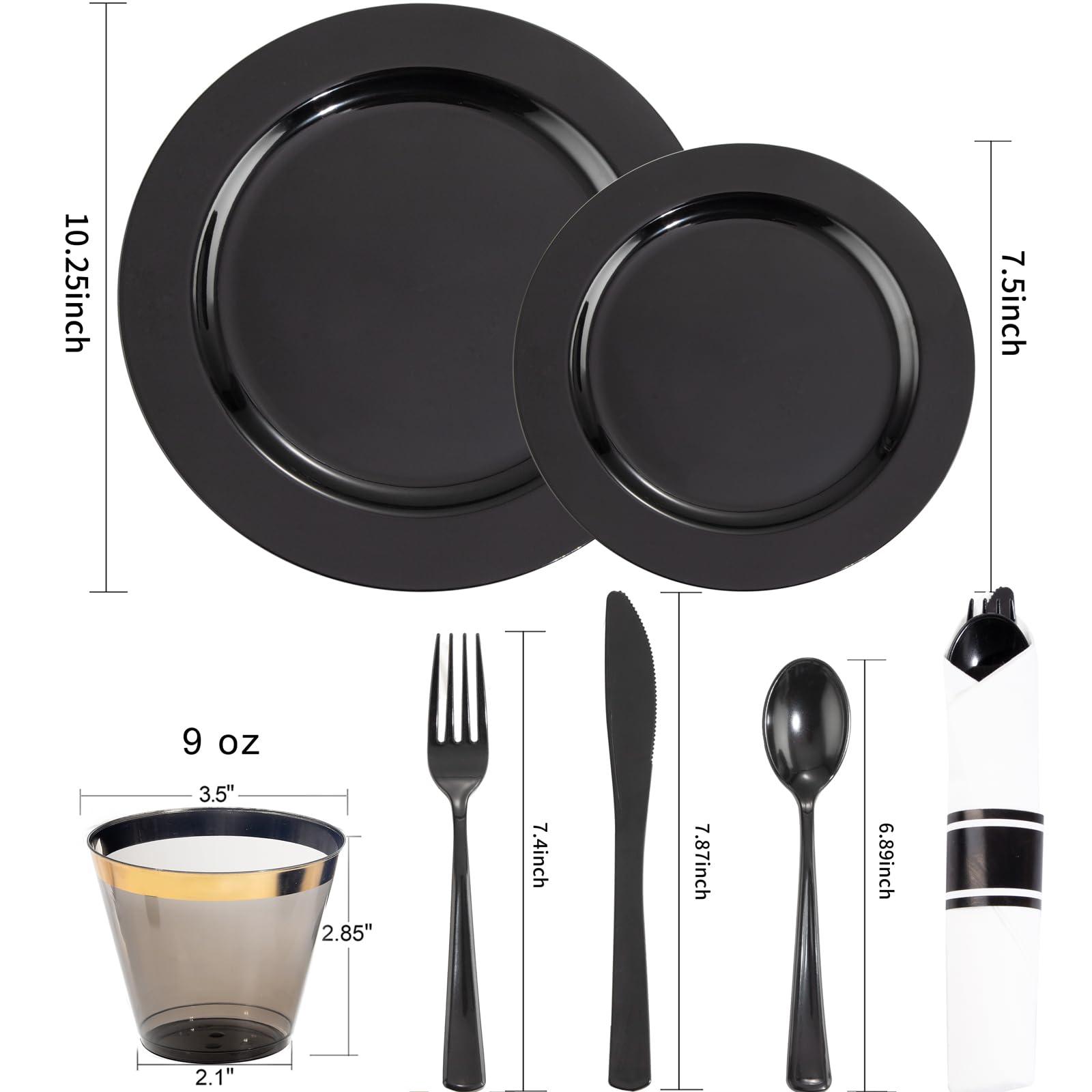 ejonirinjonir EI 350pcs Black Plastic Plates,Black Plastic Dinnerware,Pre Rolled Plastic Silverware Black,Black and Gold Cups, Black Cups and Plates for Party Suit for Halloween, Thanksgiving, Christmas