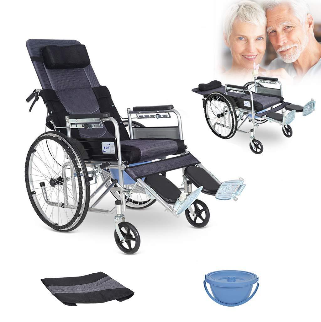 Mustbe Strong Lightweight Folding Aluminum Alloy Medical Wheelchair with Toilet Seat Multifunctional Trolley Adjustable backrest and Lifting Legs to Rest