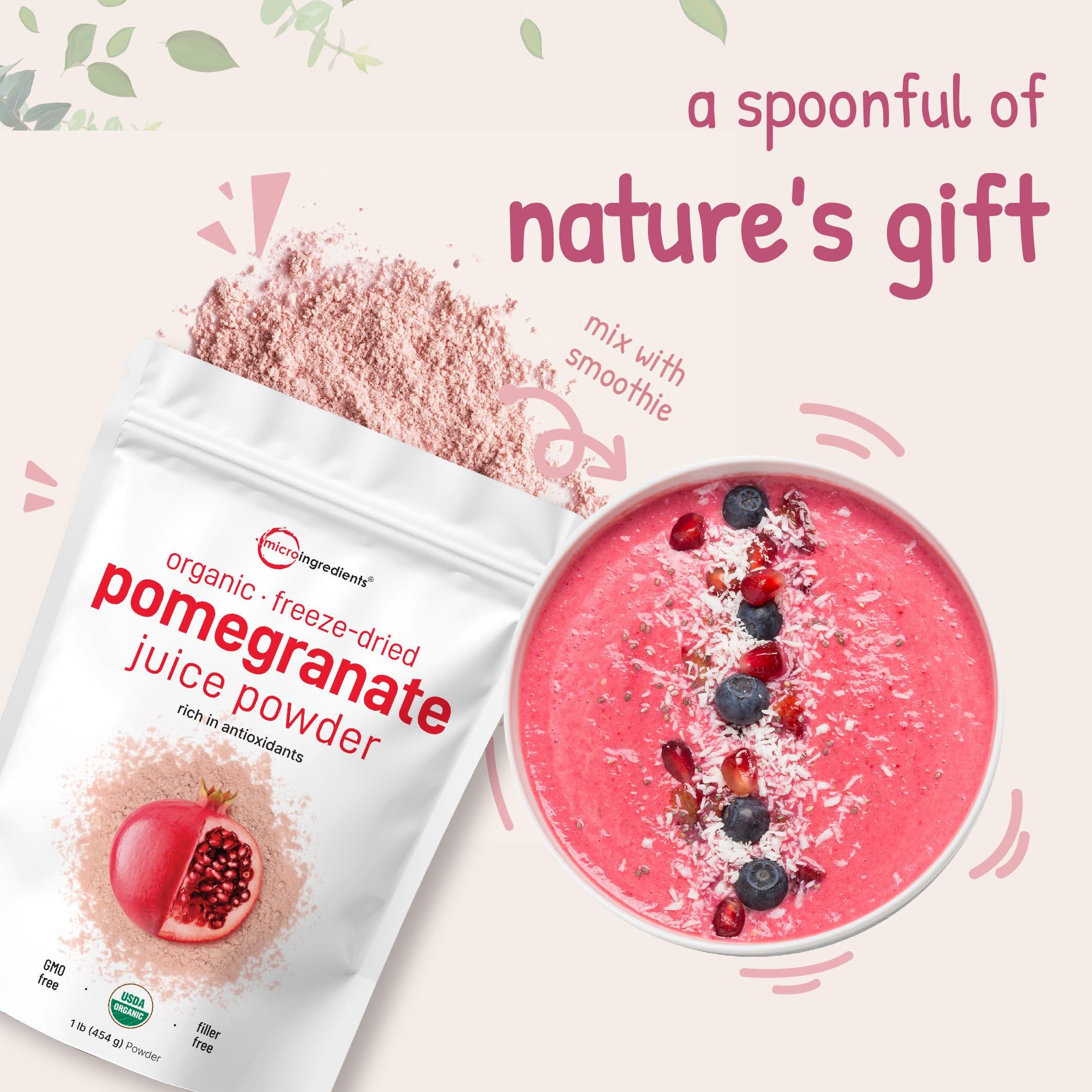 Micro Ingredients Organic Pomegranate Juice Powder, 1 Pound | 100% Natural Fruit Powder | Freeze Dried & Cold Pressed | No Sugar & Additives | Great Flavor for Drinks, Smoothie, & Beverages | Non-GMO & Vegan Friendly