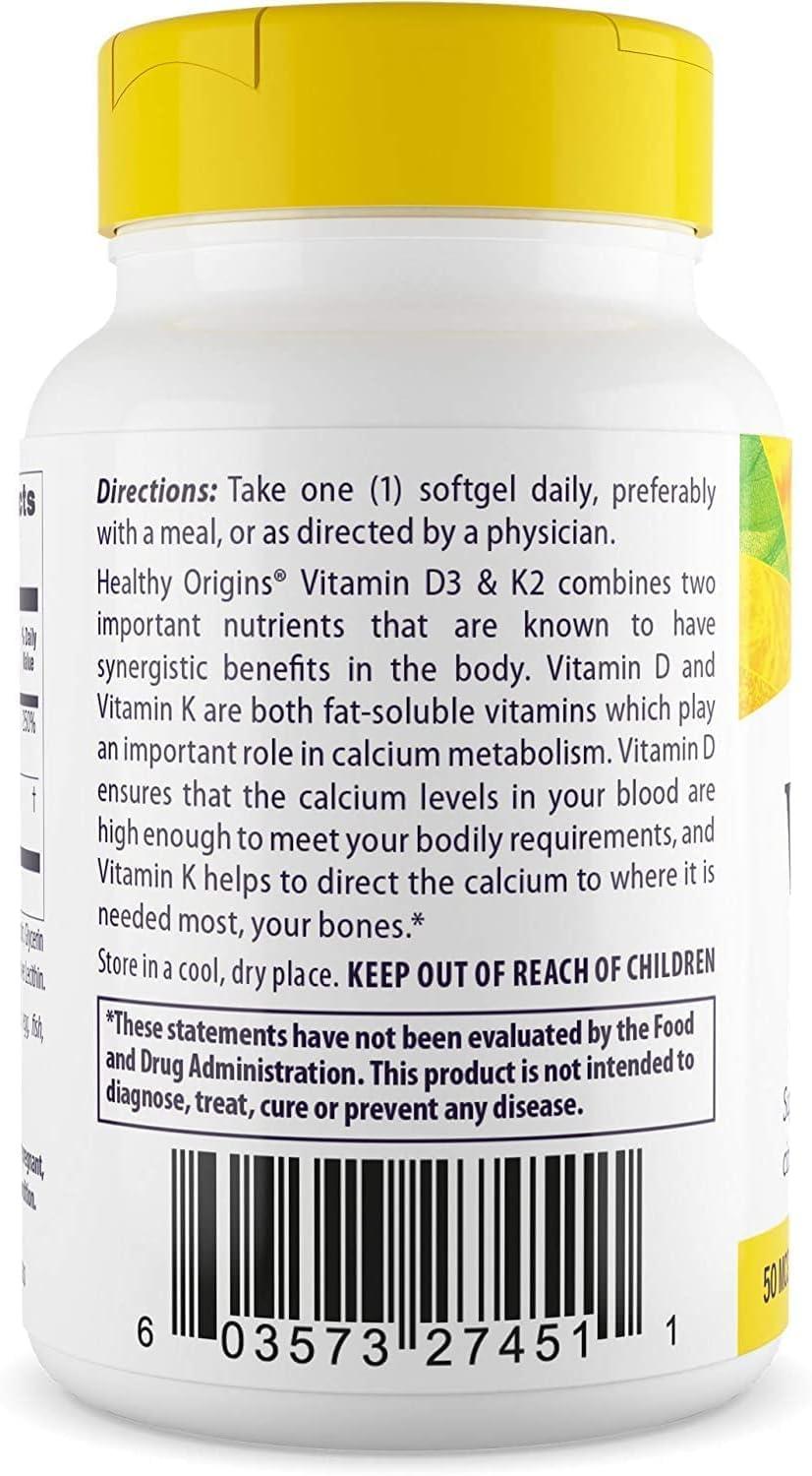 Healthy Origins Healthy Origins Vitamin D3 & K2 - Vitamin D3, 50 mcg - Vitamin K2, 200 mcg - Easily Absorbable Vitamin D & Vitamin K Supplements - Non-GMO & Gluten-Free Supplements - 60 Softgels