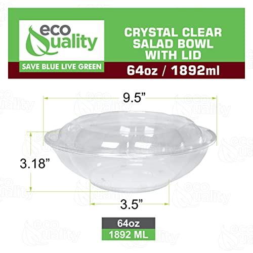 EcoQuality 64oz Salad Bowls To-Go with Lids - Crystal Clear Plastic Disposable Wide Salad Containers | Airtight, Lunch, Salads, Parfait, Fruits, Leak Proof, Airtight, Fresh, Meal Prep | Rose Bowl Container (75)