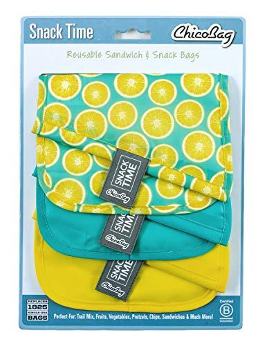 ChicoBag ChicoBag Snack Time rePETe Reusable Sandwich Bags w/Secure Hook & Loop | Perfect for Sandwiches & Snacks | Eco-Conscious Baggies | Easy to Clean | Lemon Pattern (Pack of 3)