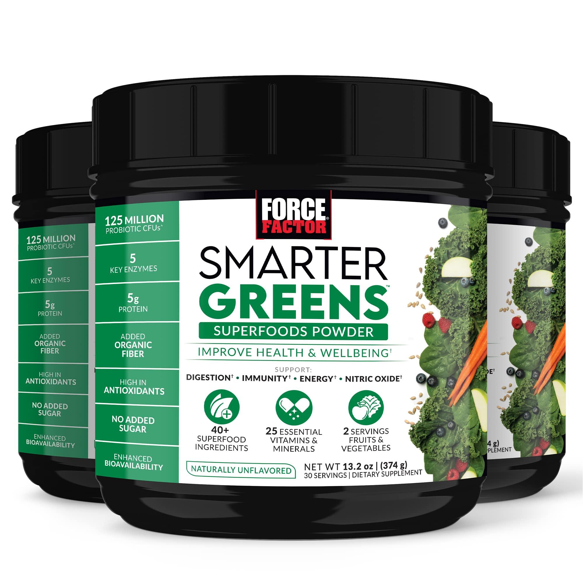 Force Factor FORCE FACTOR Smarter Greens Superfoods Powder, 3-Pack, Supports Digestion and Bloating, Immunity, and Energy, Greens Powder with Probiotics, Digestive Enzymes, Antioxidants, and Fiber, 90 Servings
